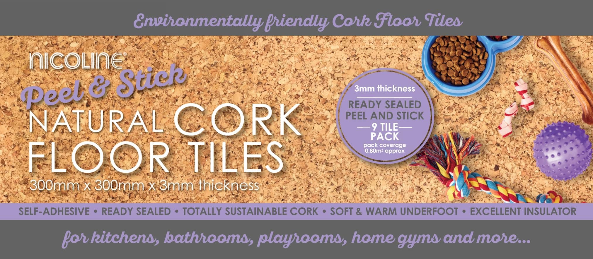 NICOLINE 1/8-QF/F Nicoline-3mm Peel & Stick Cork Floor Tiles, Natural, 0.8m2, Set of 9 Pieces