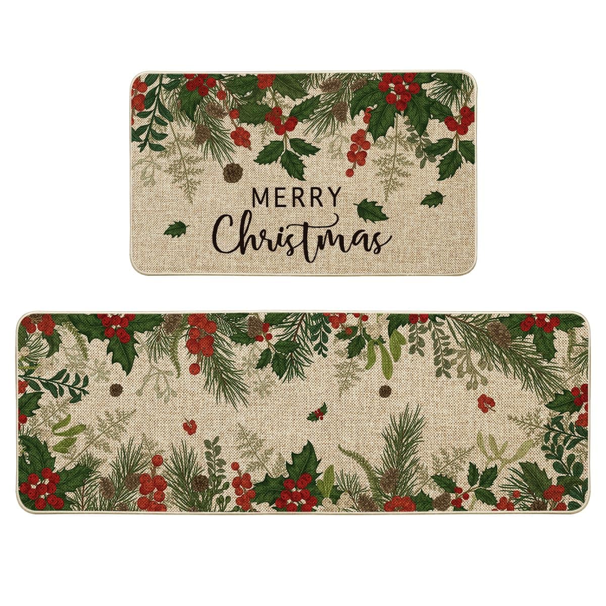 Artoid Mode Leaves Holly Merry Christmas Kitchen Mats Set of 2, Winter Home Decor Low-Profile Kitchen Rugs for Floor - 17x29 and 17x47 Inch
