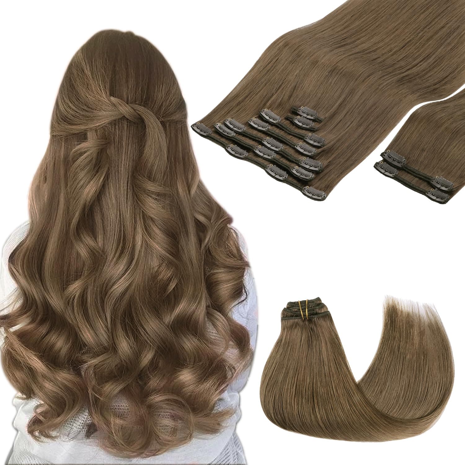 GOO GOO Clip in Hair Extensions Real Human Hair, Remy Human Hair Extensions Clip ins for Women, Natural Human Hair, 20inch 150g 9Pcs, 5 Light Ash Brown