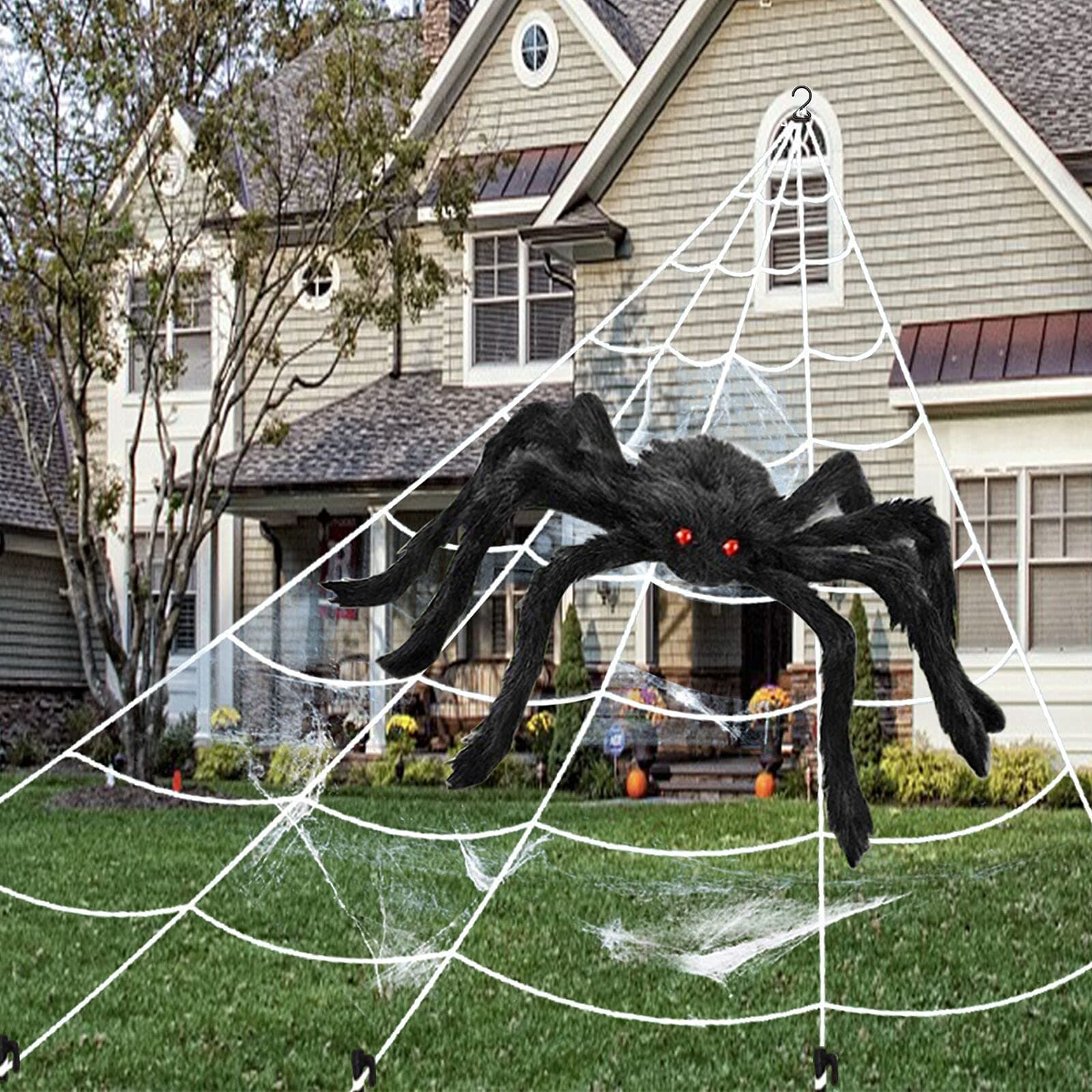 Halloween Decorations Outdoor 16 FT Giant Halloween Spider Web + 50" Large Spider, Triangular Huge Spider Web and Stretch Cobwebs Outdoor Halloween Decorations Yard Lawn Party Decor Props for Haunted