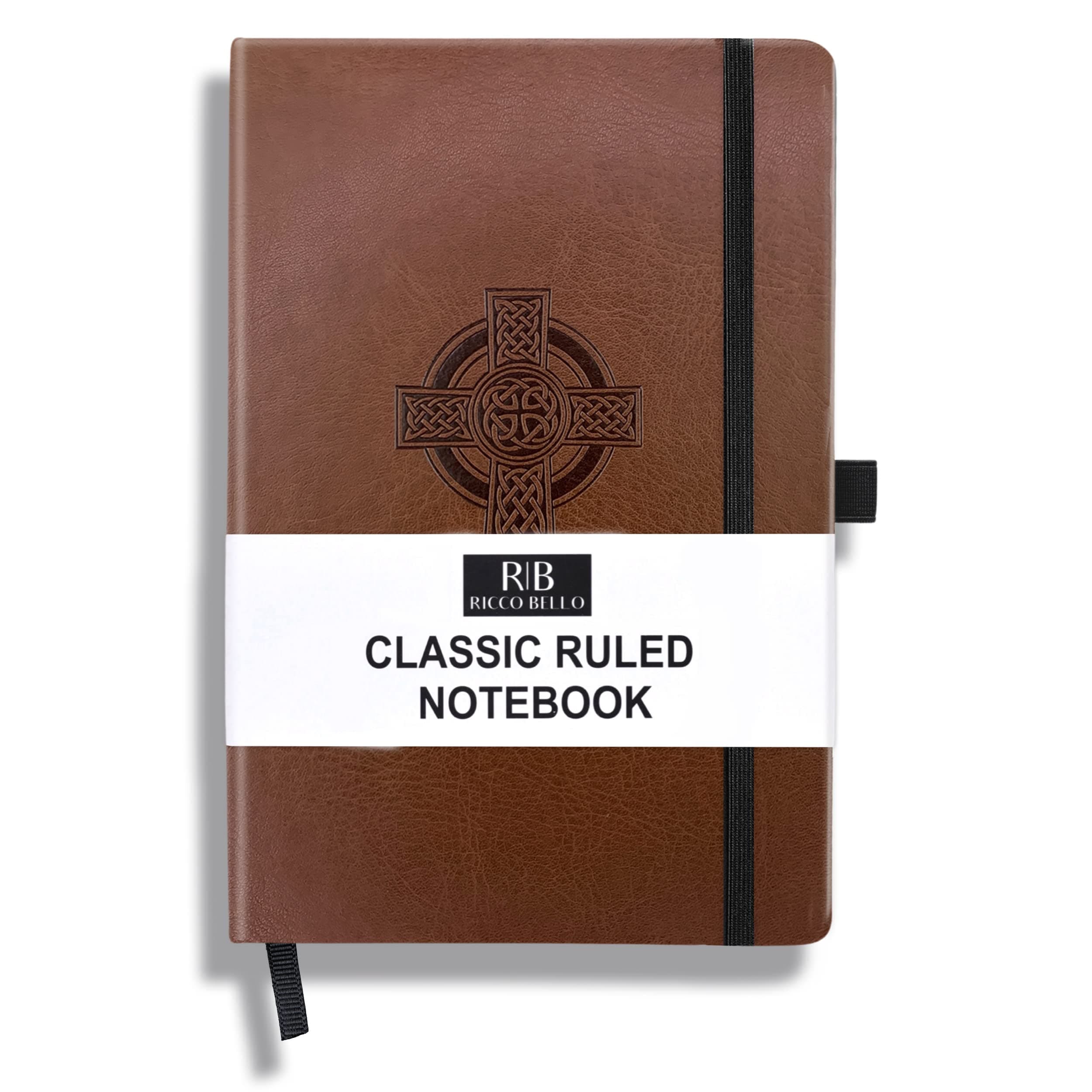 RICCO BELLO Lined Journal Notebook with Pen Holder, Faux Leather Hardcover, College Ruled, for Work, Notes | 96 Sheets /192 Lined Pages, 5.7 x 8.4-Inches (Celtic Cross)