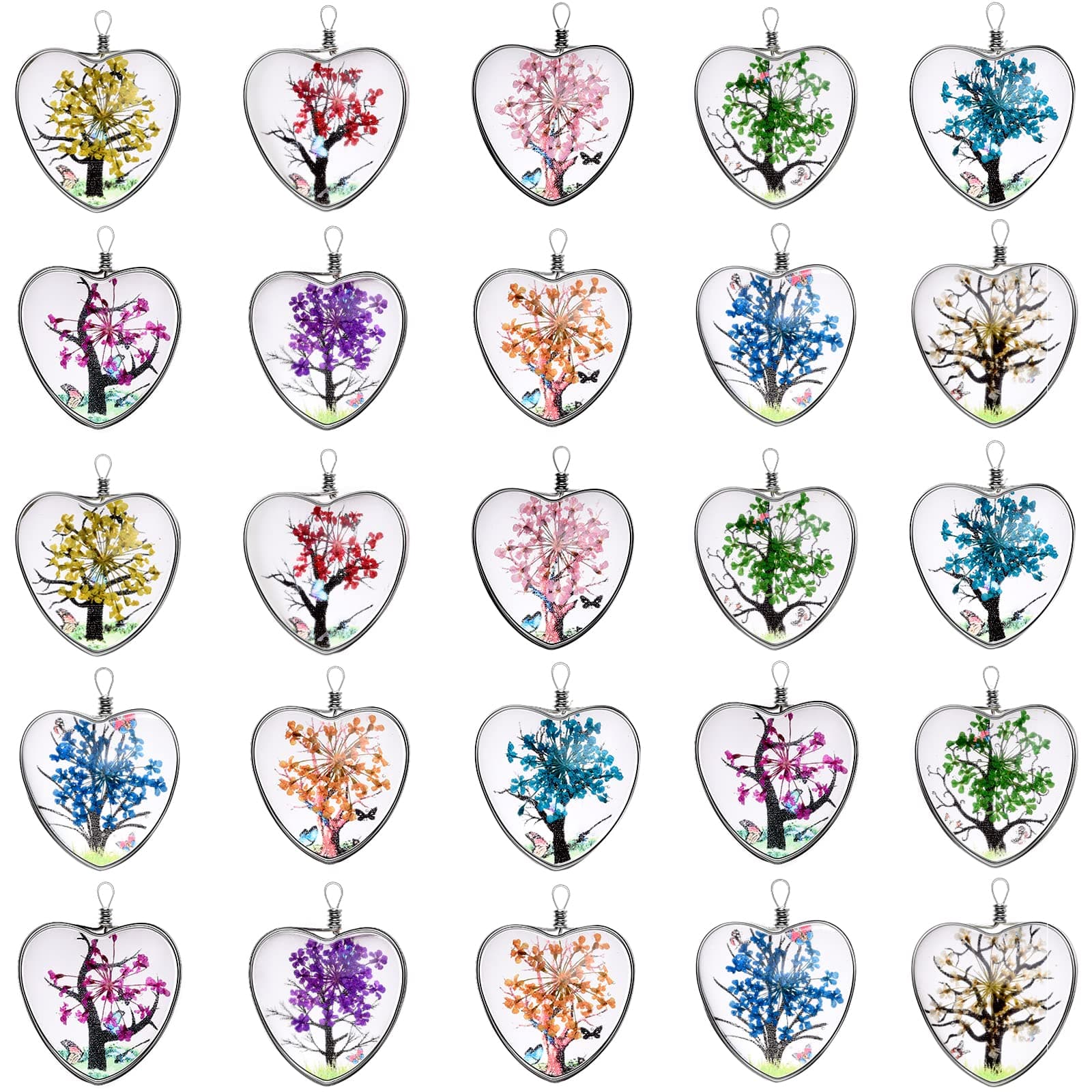 WenRity20Pcs Mixed Butterfly Dried Flower Tree Pendants Tree of Life Charms Lacework Transparent Glass Charm Pressed Flower Glass Beads For DIY Jewelry Pendant Making Supplies