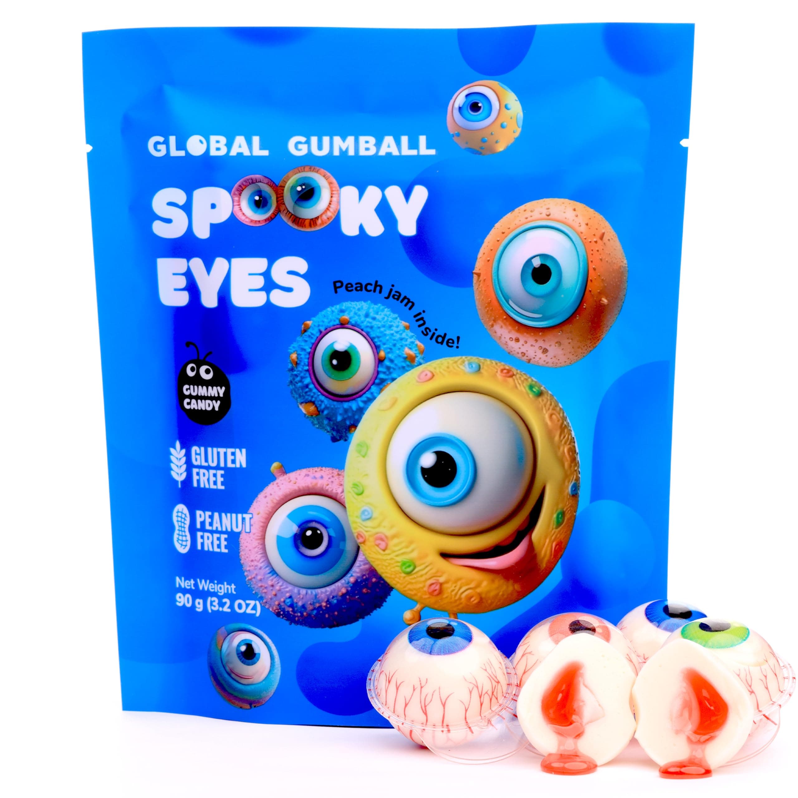 Gummy Candies - Jelly Filled Gummies - Gummy Eyeballs Halloween Candy Filled with Real Peach Jam - 5 pcs Individually Wrapped Chewy Candy - Halloween Party Favor