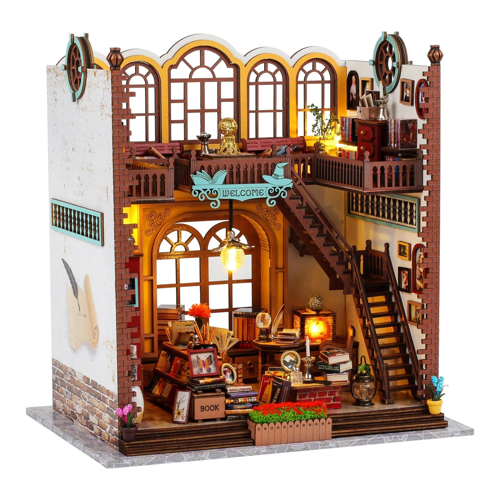 Quanquer Miniature House Kit: Magic Book Store Book Nook with Furniture and LED Light - DIY Kits for Adults - Wooden Doll House - Great Handmade Craft Model - Tiny House Decor Ideal Gifts