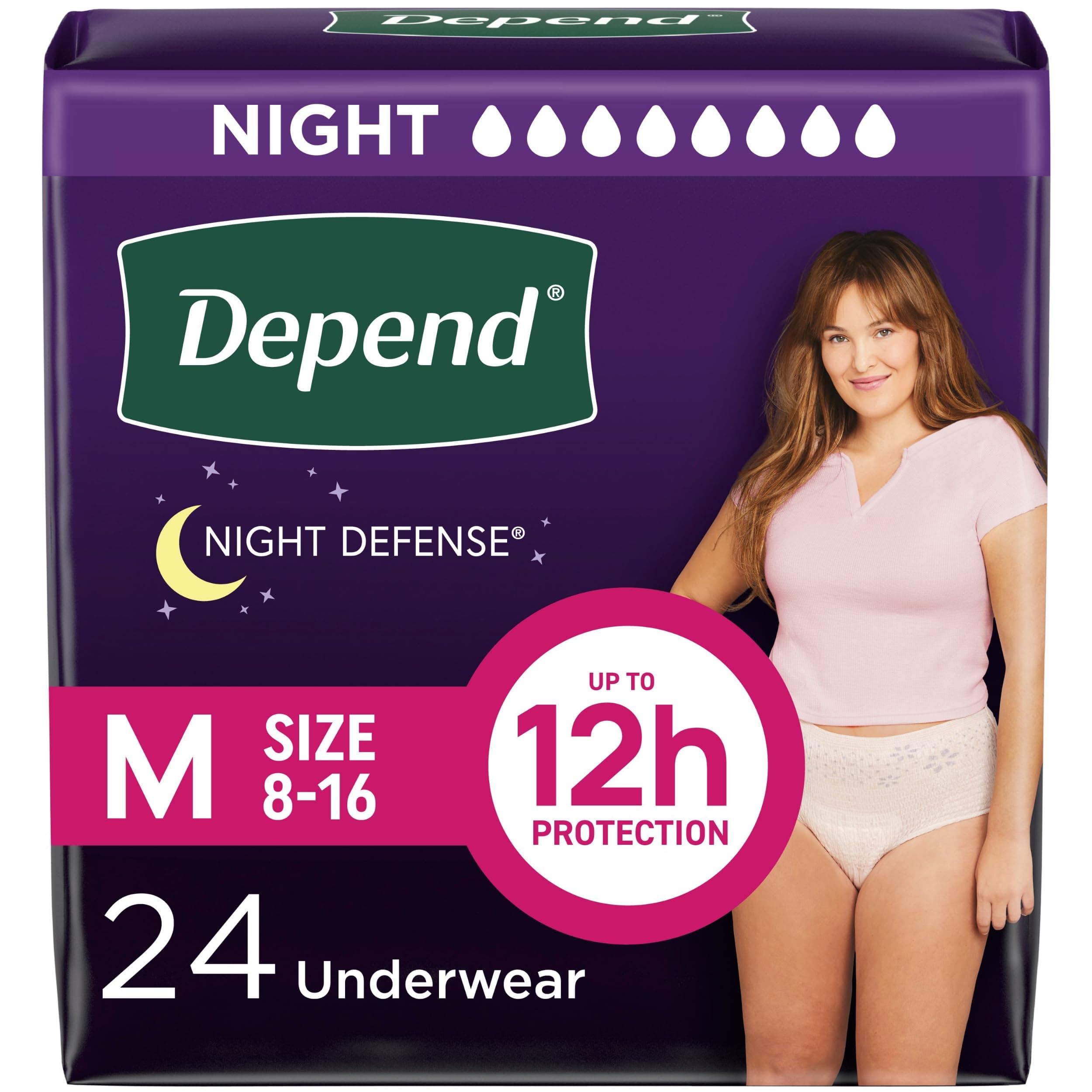 Depend Night Defense Adult Incontinence Underwear for Women, Disposable, Overnight, Medium, Blush, 24 Count, Packaging May Vary