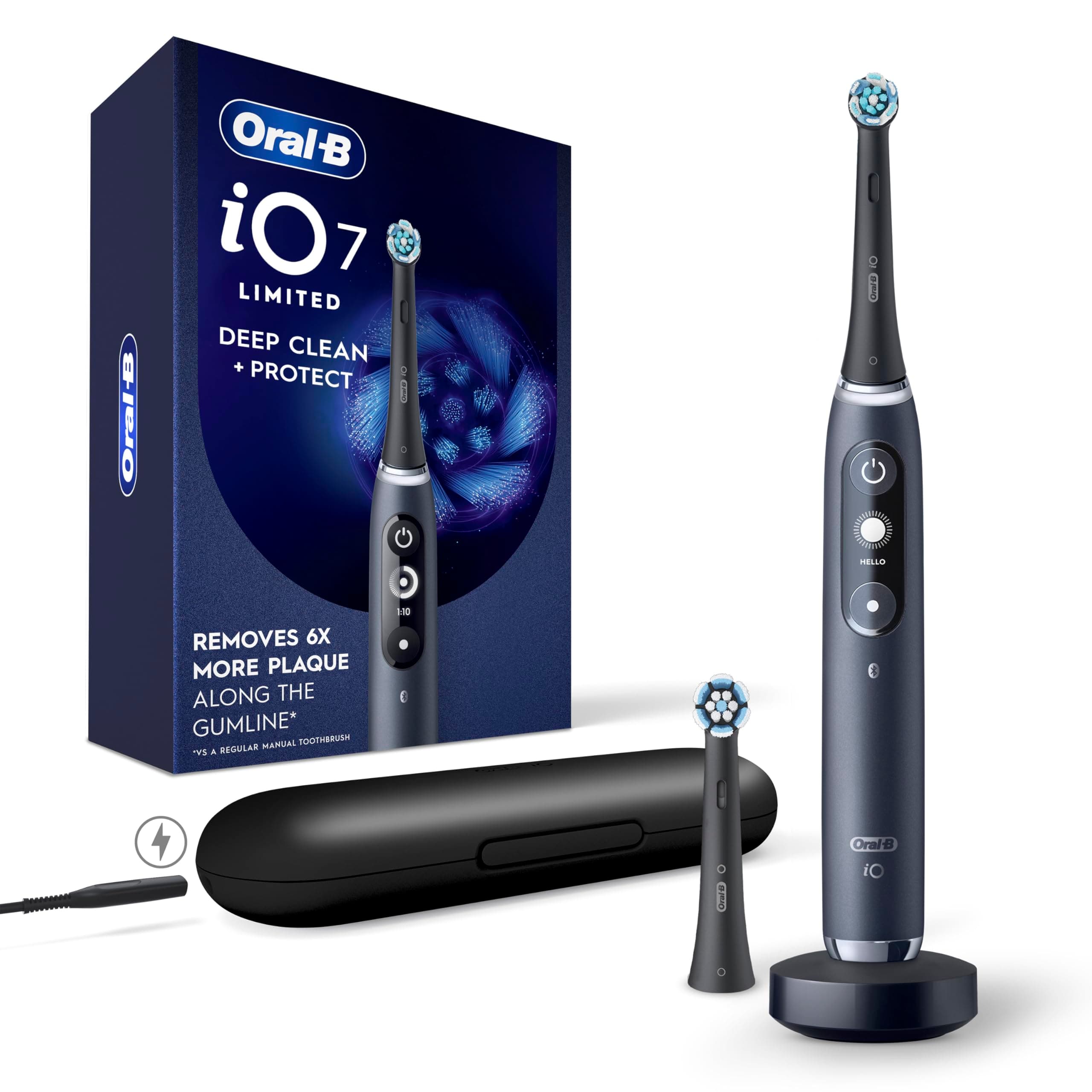 iO Deep Clean + Protect Rechargeable Electric Toothbrush, Black with a iO Series 7 Toothbrush, 2 Replacement Brush Heads, and a Charging Travel Case