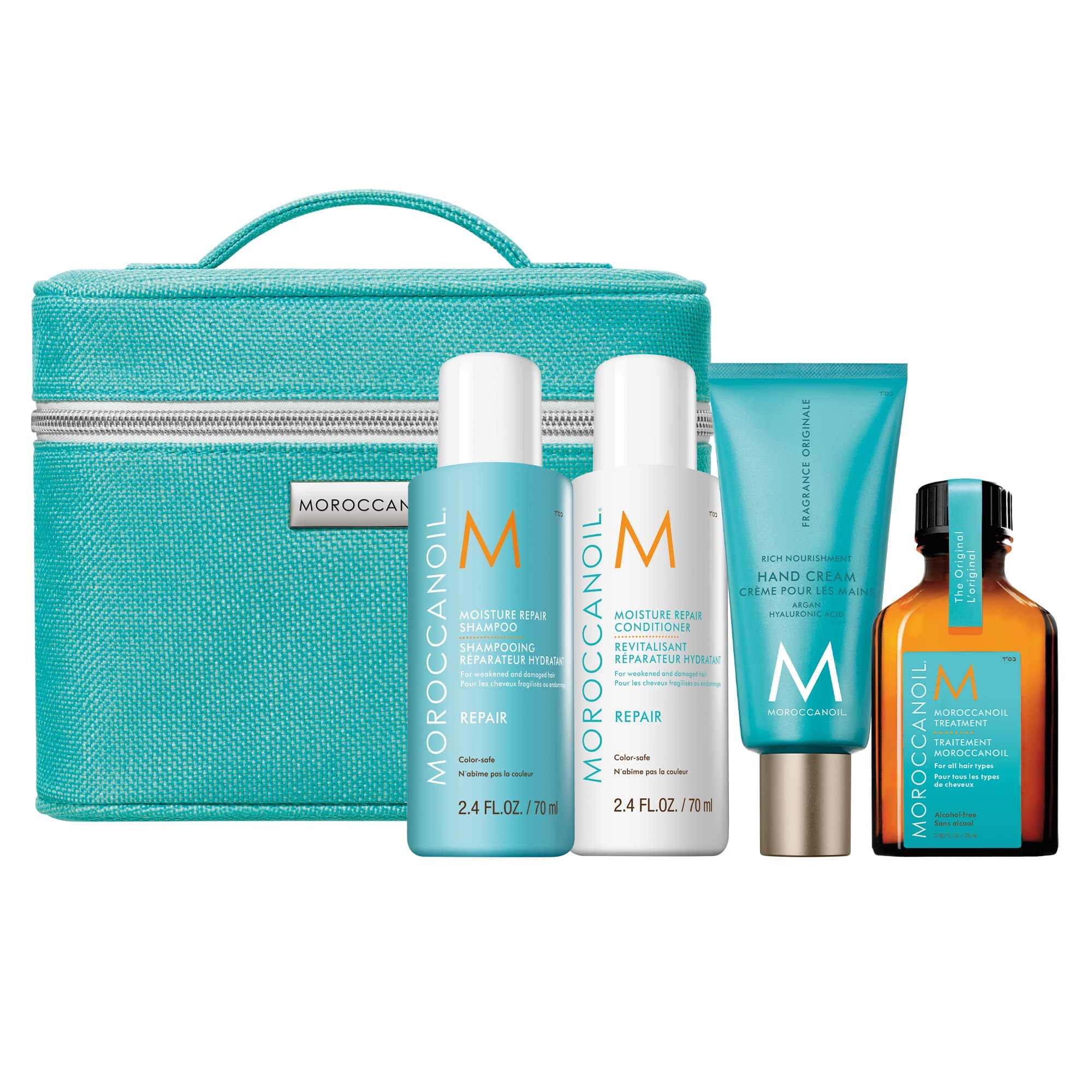 Moroccanoil Repair Travel Kit (Moisture Repair Shampoo and Conditioner, Treatment Oil, Hand Cream Fragrance Originale Travel Size Each)