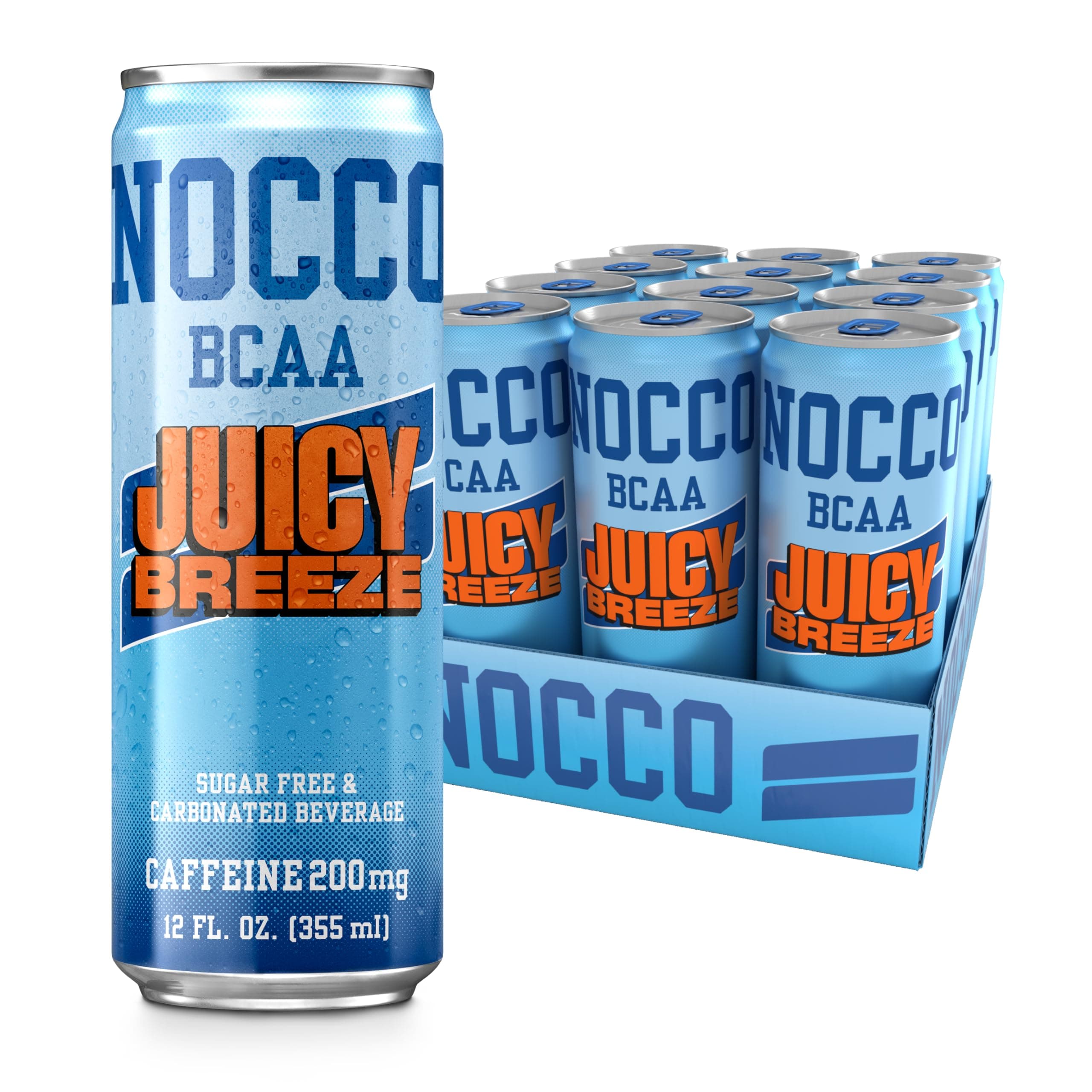 NOCCO Zero Sugar Energy Drink, Juicy Breeze - 12 Fl Oz (Pack of 12) - 200mg Caffeine, Sugar Free, BCAAs - Branched Chain Amino Acids, Carbonated & Low Cal, B Vitamins, Grab & Go Performance Beverage