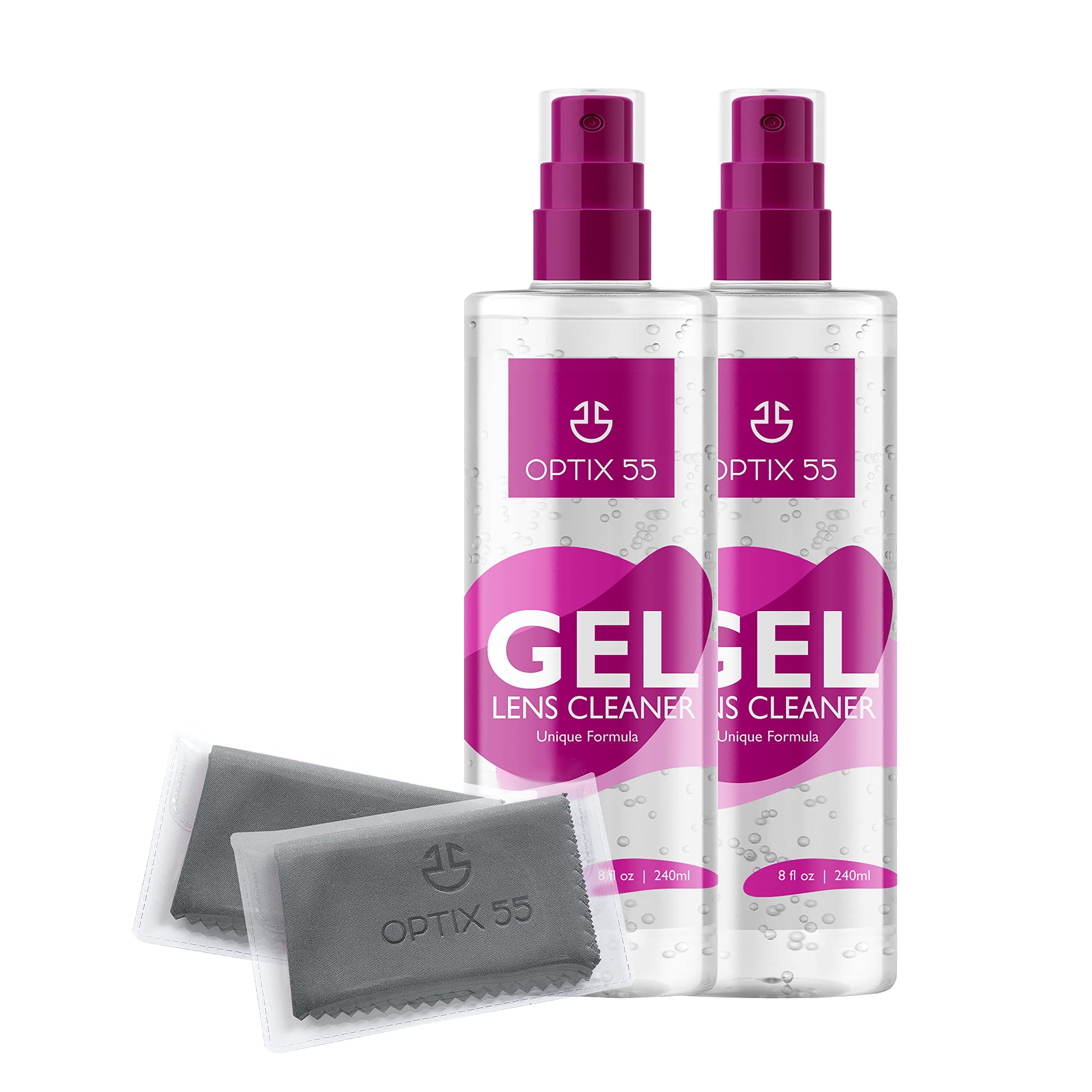 Gel Lens Cleaner Kit |Proudly Made in USA | 16 Ounces (2x 8oz) Eye Glasses Cleaner Gel Spray + 2 Microfiber Cleaning Cloths | Safe for AR Coated & All Lenses, Screens, Electronics (Clear)
