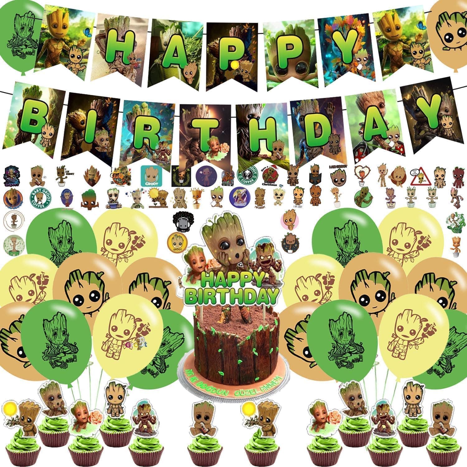 Groot Party Supplies Decorations, Cartoon Groot Birthday Decorations with Banners,Balloons, Cake Topper, Cupcake toppers and Groot Stickers for Kid Party Decorations