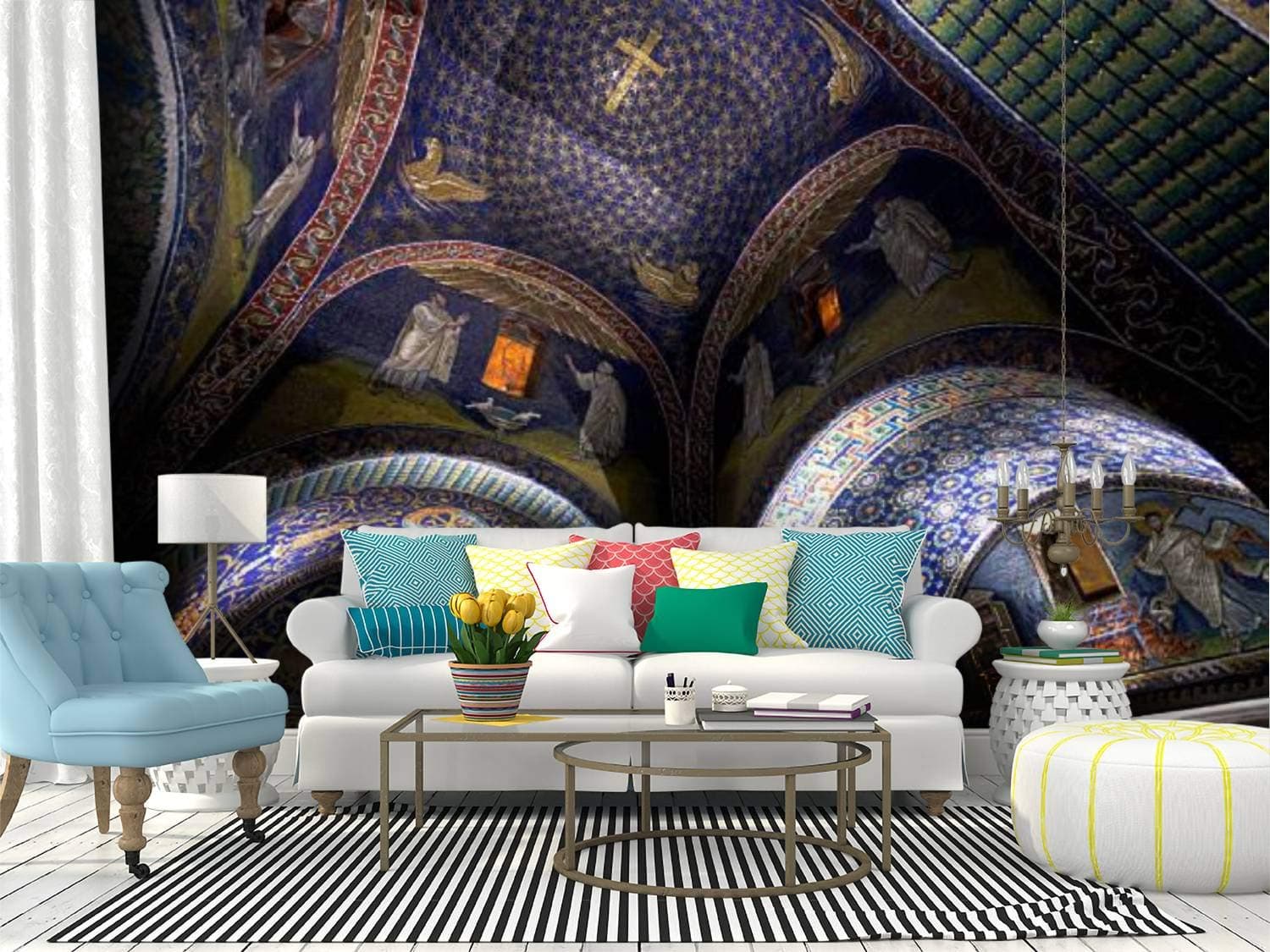 Wall Mural Dark Blue Mosaic of The Galla placidia Mausoleum in Ravenn Peel and Stick Wallpaper Self Adhesive Wallpaper Large Wall Sticker Removable Vinyl Film Roll Shelf Paper Home Decor