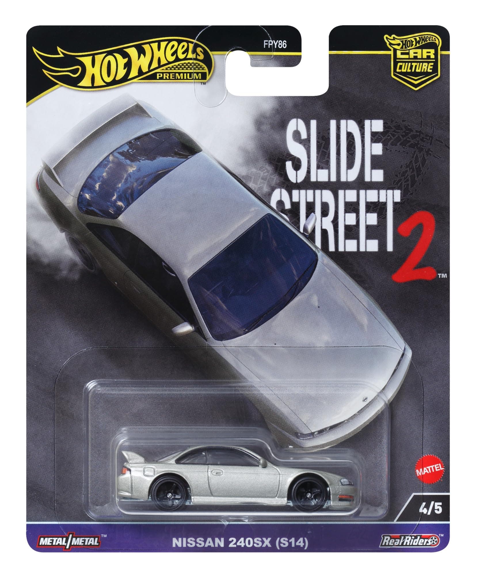 Premium Car Culture Collectible Toy Car, 1:64 Scale Die-Cast Nissan Silvia S14, Slide Street Vehicle with Real Riders Tires