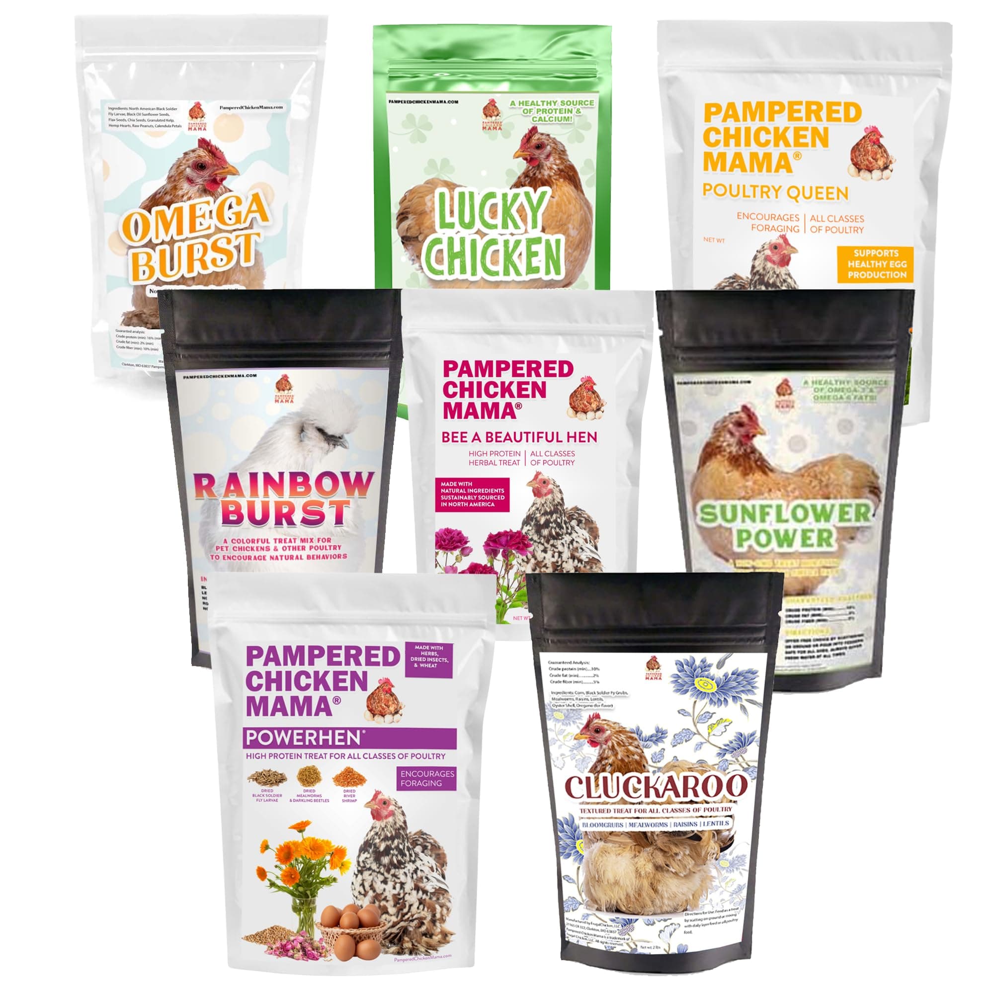 Chicken Treat for Hens 8 Pounds Sampler Bundle: 8 Different Treats in One Box! - Grubs, Dried Mealworms, Cracked Corn, Oyster Shell, & Duck Feed