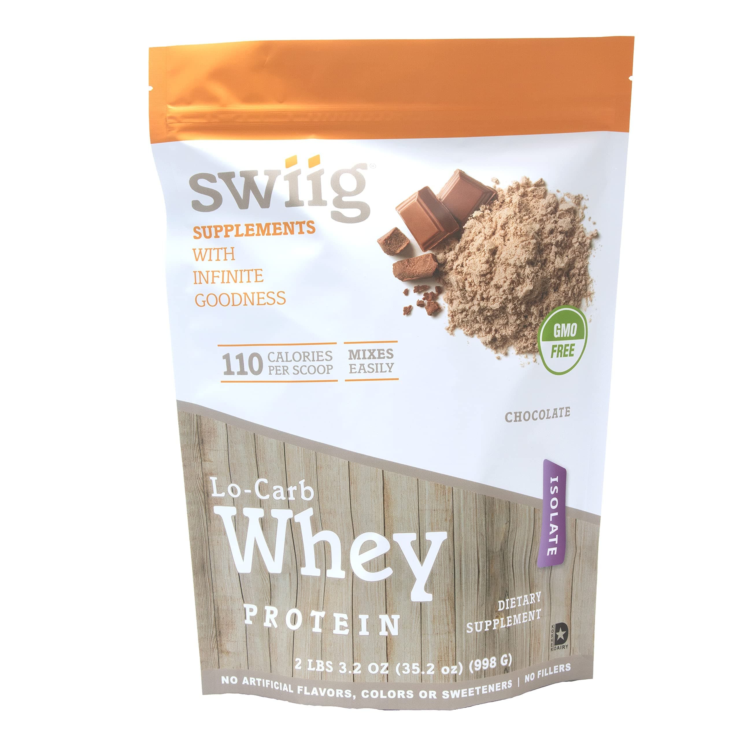 swiig Lo-Carb Whey Protein Powder, Chocolate, Isolate, No Artificial Flavors, Colors or Sweeteners, No Fillers, 2.2 Pound Bag