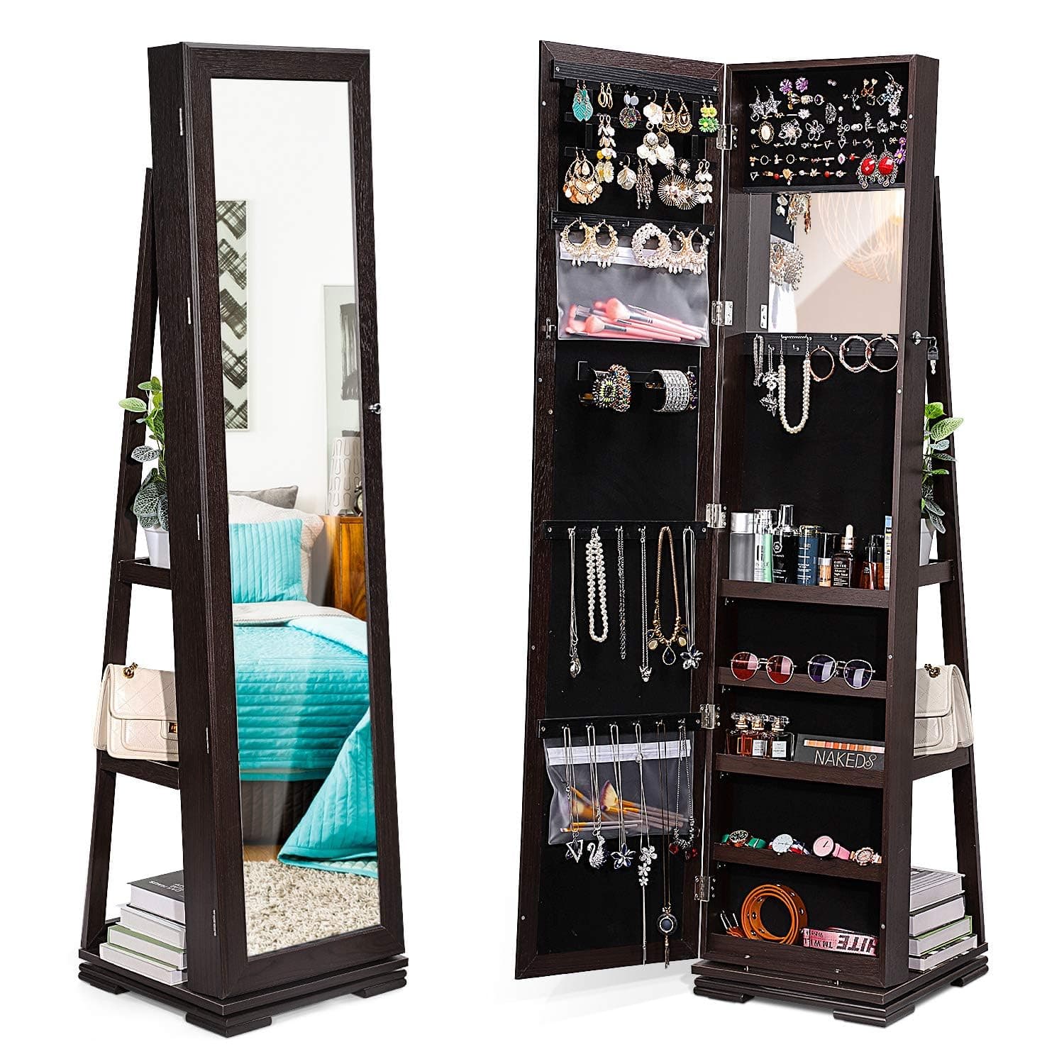 Titan Mall 360° Rotating Jewelry Cabinet Standing Jewelry Armoire with Full Length Mirror,Revolving Makeup Jewelry Holder Organizer Full Body Mirror,Large Stand Up Jewelry Box,Women Girl Gift,Brown