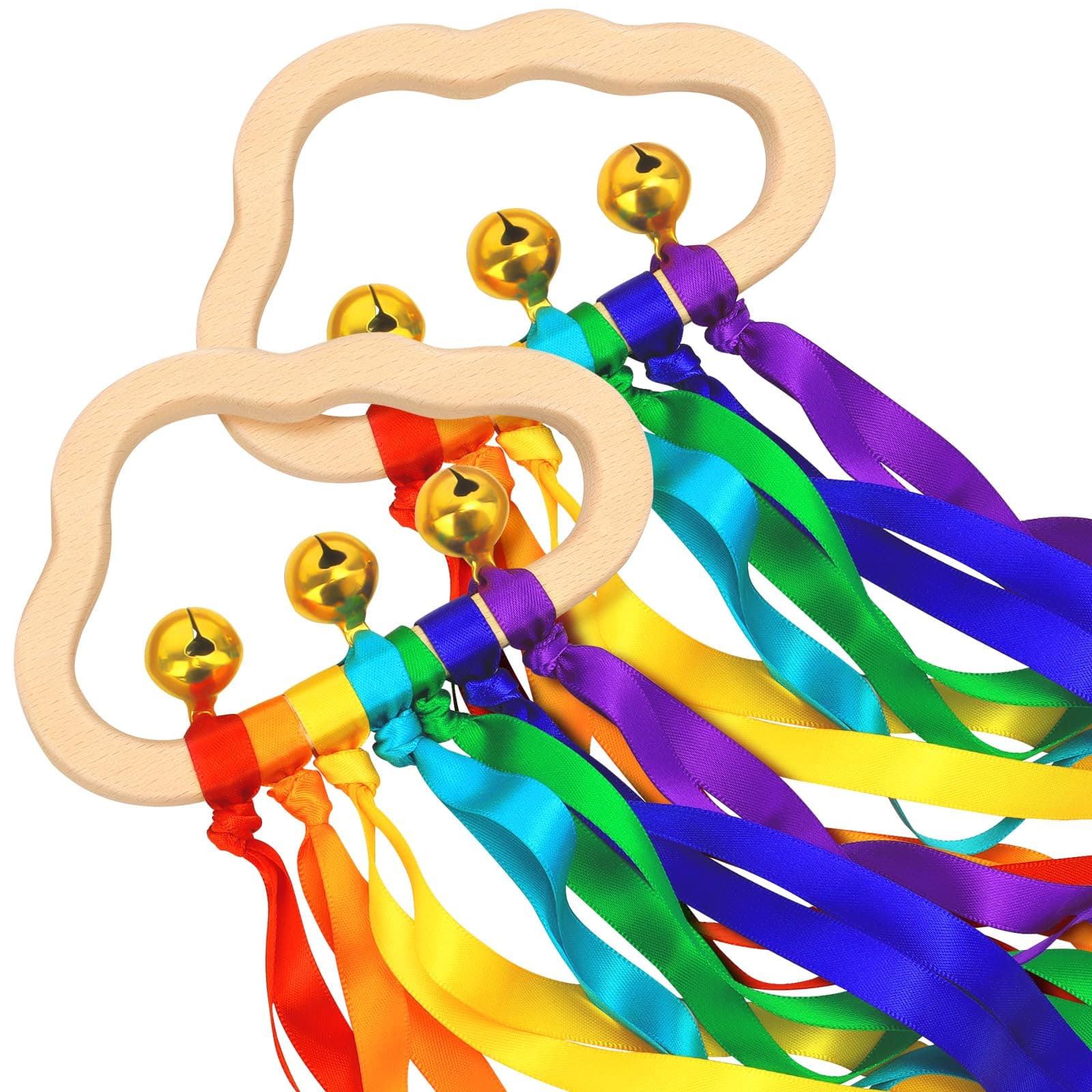 Baby Sensory Wooden Rattle Toys - 2PCS Rainbow Ribbon Ring Toys Wood Rattle Molar Circle Newborn Sensory Montessori Toy for Infant Babies Toddler
