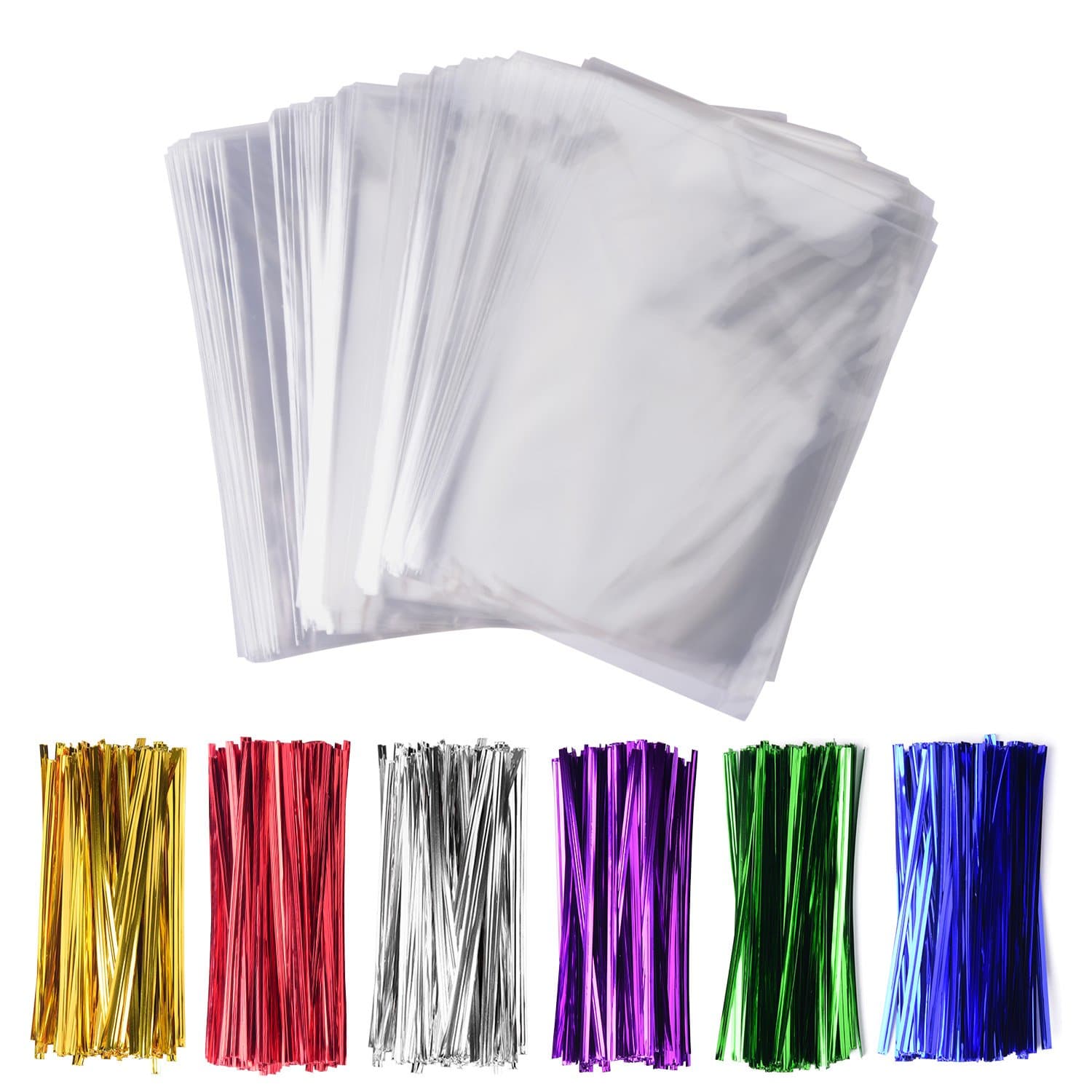 200 Pack 4" x 6" Clear Cello Treat Bags 1.4mil OPP Plastic Bags with 6 Mix Colors Twist Ties Good for Wedding Cookie Gift Candy Bakery Supply Valentine Chocolates (4'' x 6'')