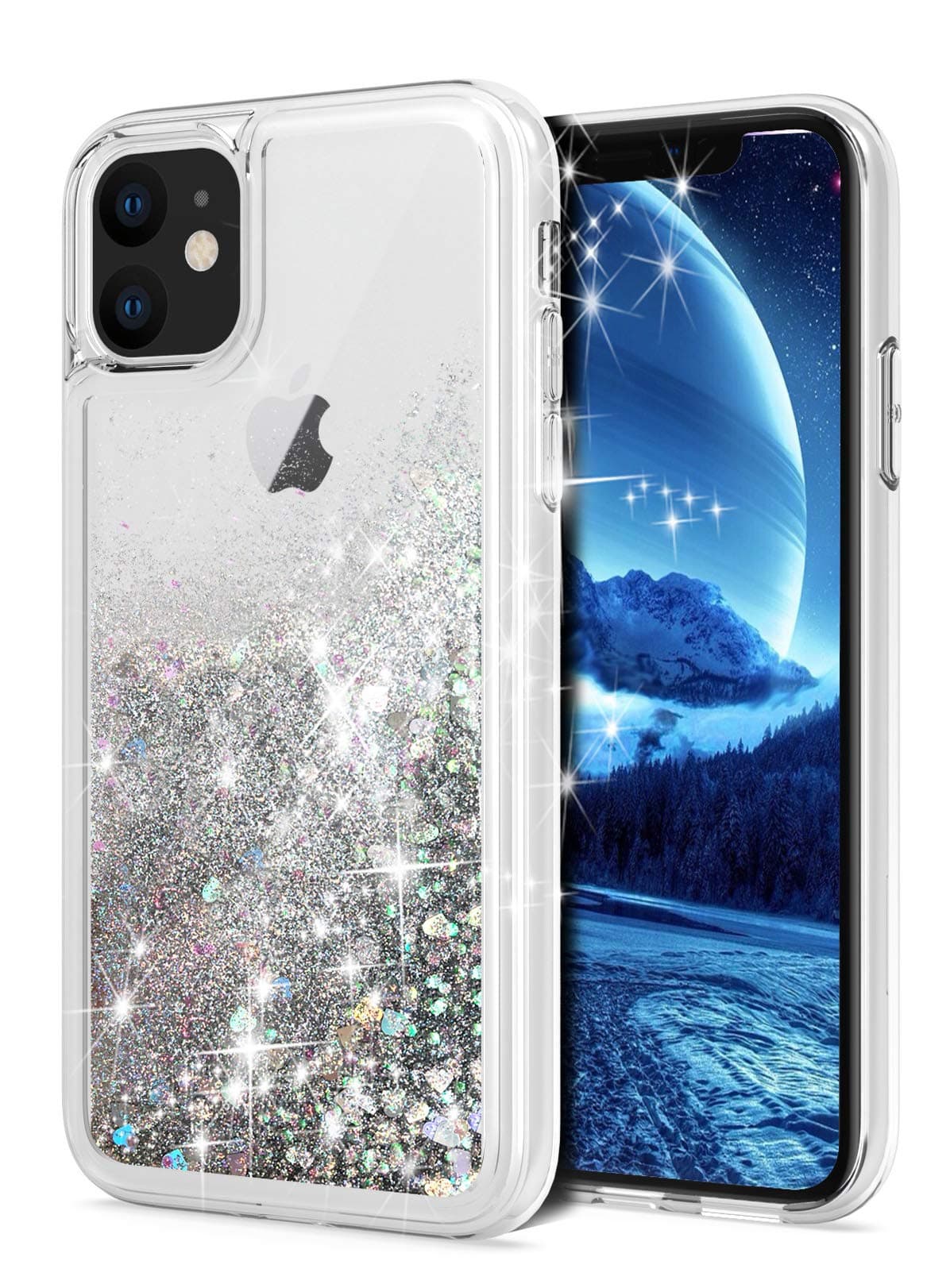 for iPhone 11 Case, Double Layer Design Bling Flowing Liquid Floating Sparkle Colorful Glitter Waterfall TPU Protective Phone Case for iPhone 11 [6.1 inch 2019], Silver