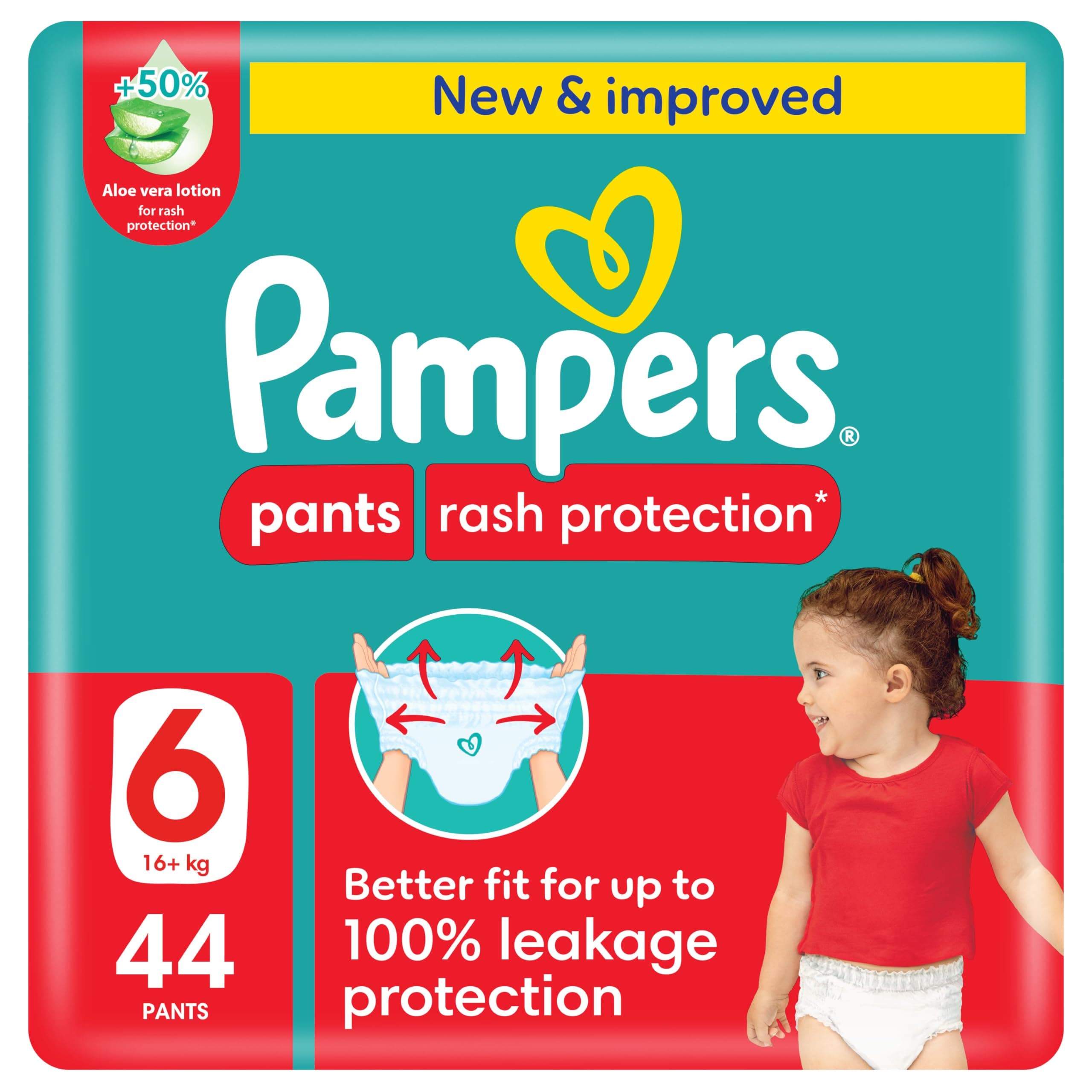 Pampers Rash Protection Pants Diapers, Size 6, 16+kg, +50% Aloe Vera Lotion, 360° Leak-Free Fit for up to 100% Leakage Protection, Giant Pack, 44 Count