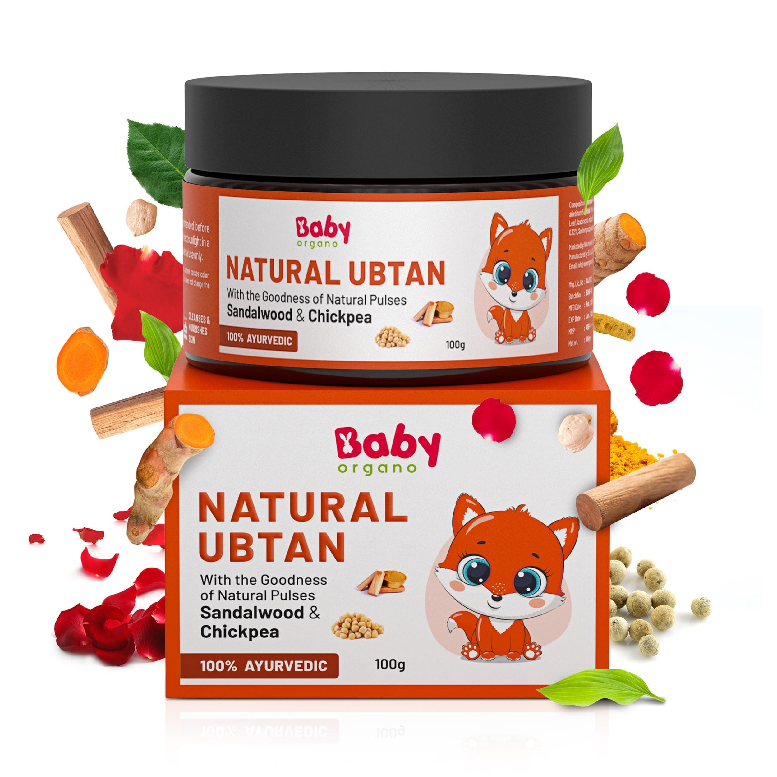 Baby Organo Natural Ubtan For Skin Tan Removal L Bath Powder For Kids And Women L Soft & Glowing Skin With Green Gram L Sandalwood And Turmeric L 100% Ayurvedic L Fdca Approved - 100Gm