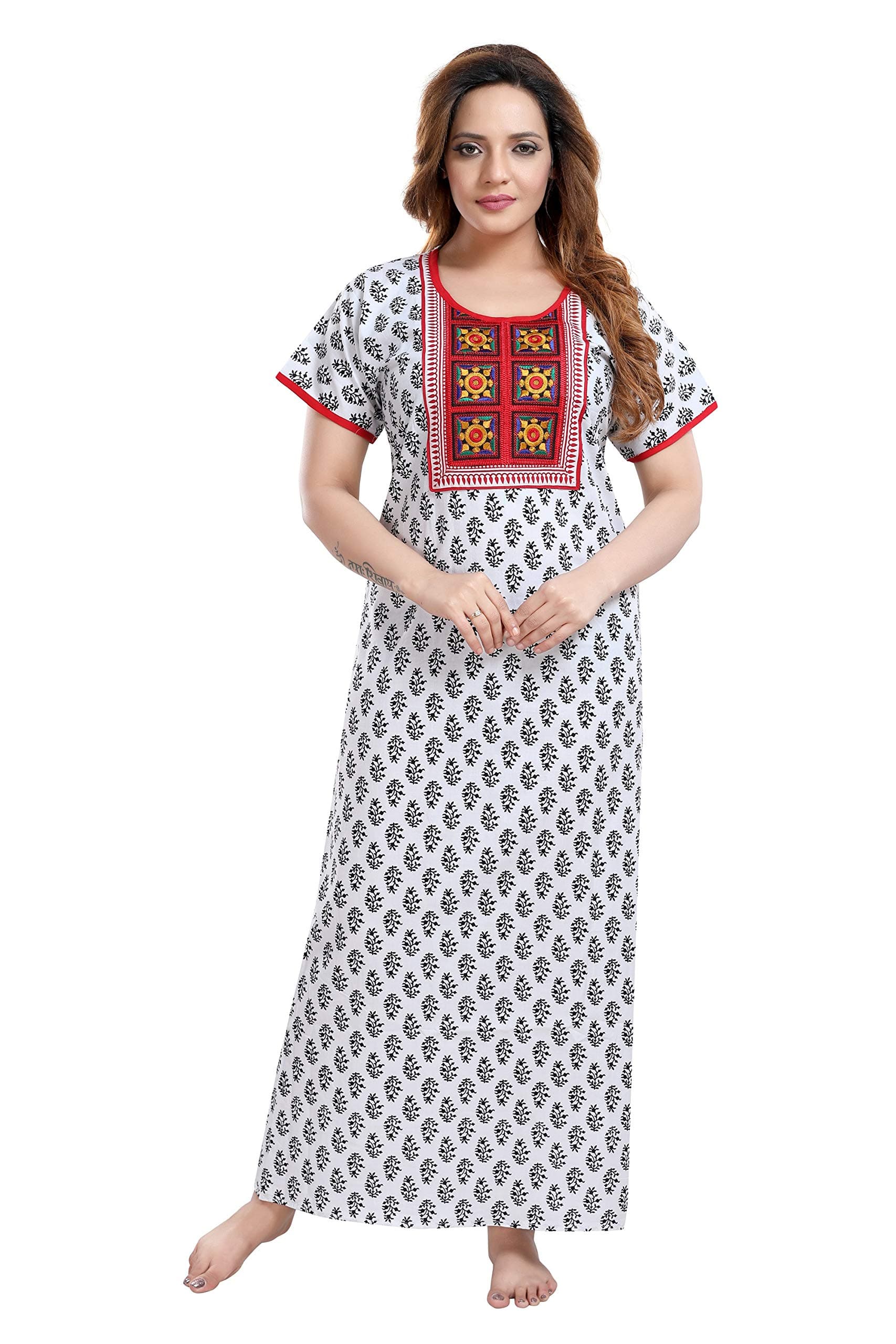 TRUNDZ Women's Cotton Embroidered Maxi Nighty (NTY2378_White_Free Size)