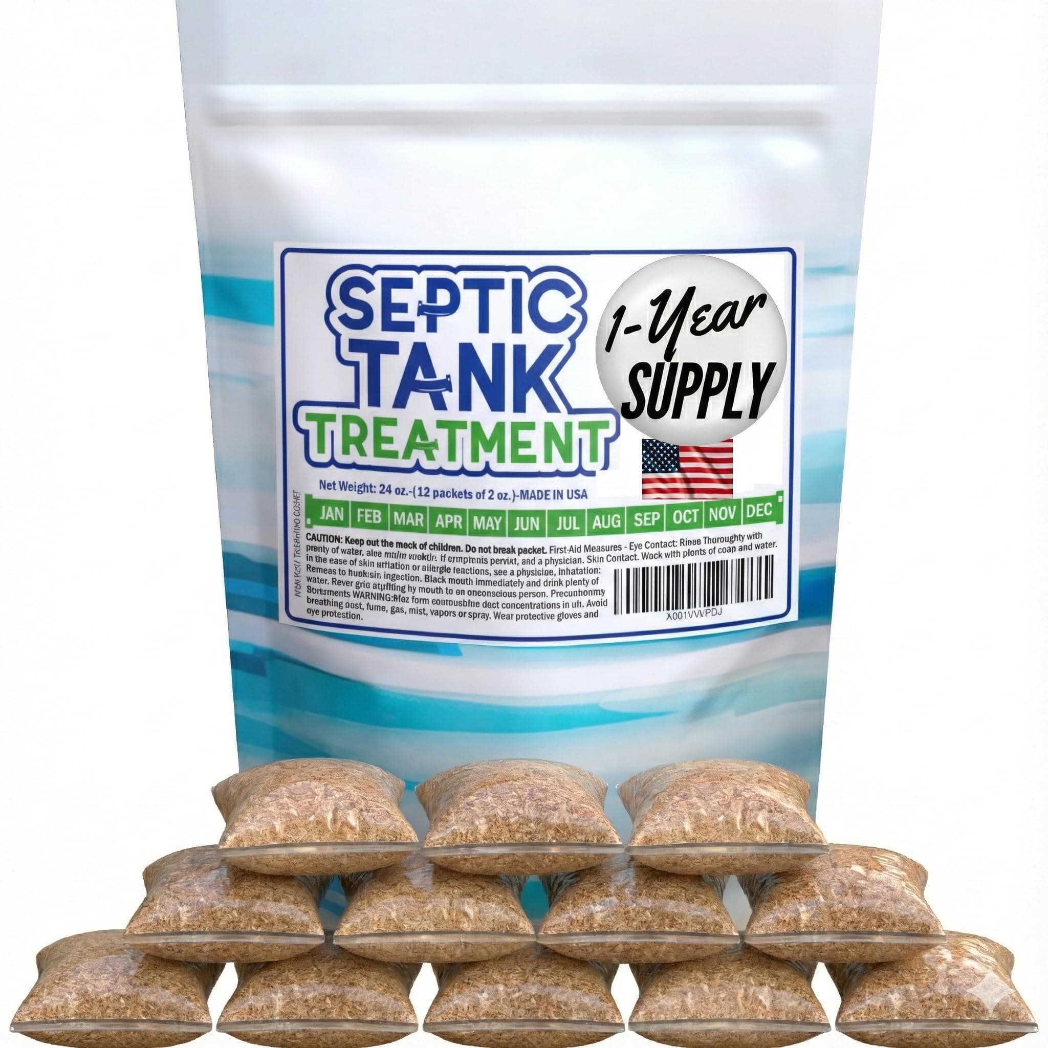 Septic Tank Treatment. 1 Year Supply. Safe Green Cultures and Enzymes Powder in Packets Avoid Bad Odors, Organic Clogs and Expensive Sewage Backups.