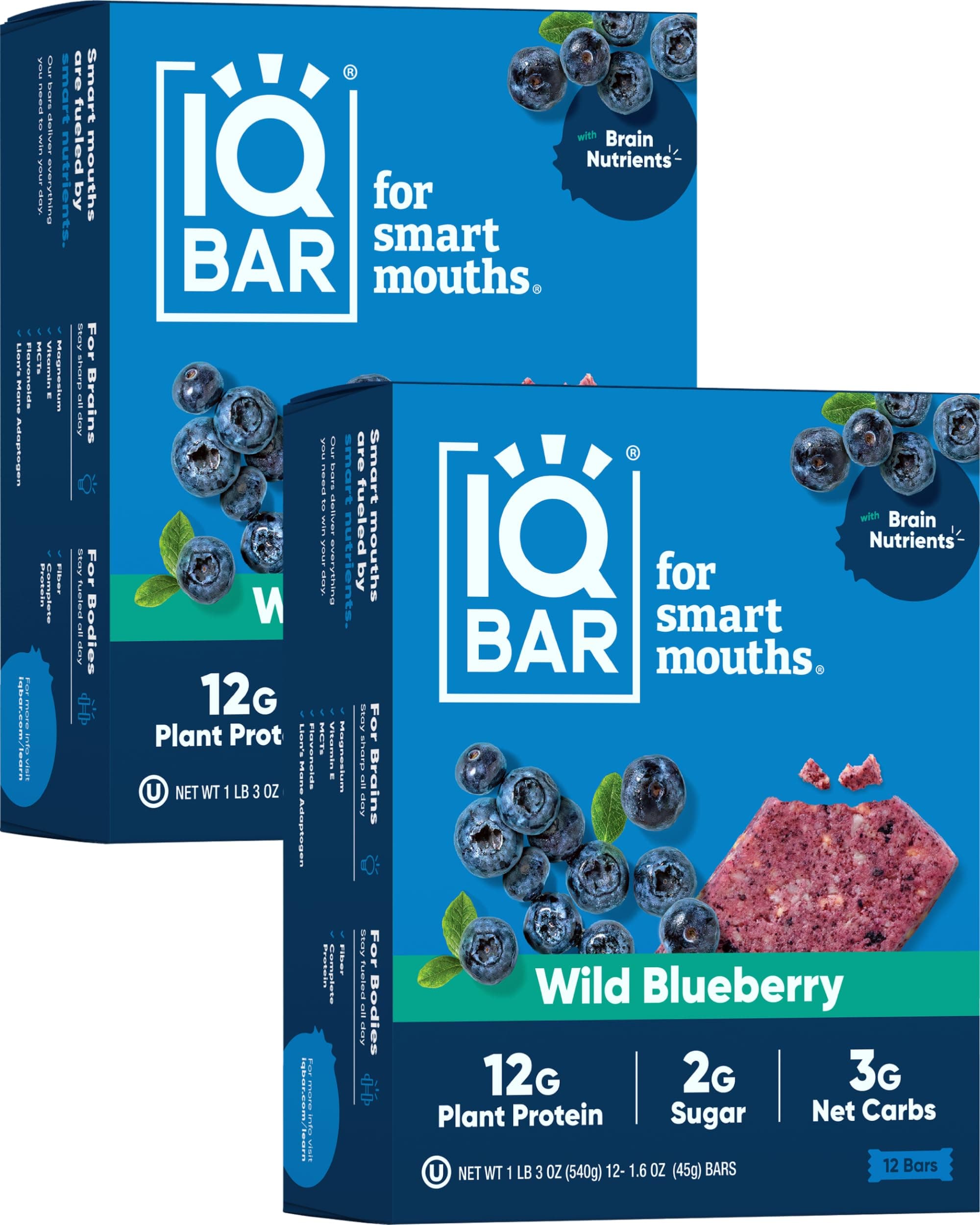 IQBAR Brain and Body Plant Protein Bars - Wild Blueberries - 24 Count Low Carb - Gluten Free, High Fiber, Vegan Snacks - Alternative to Low Sugar Meals