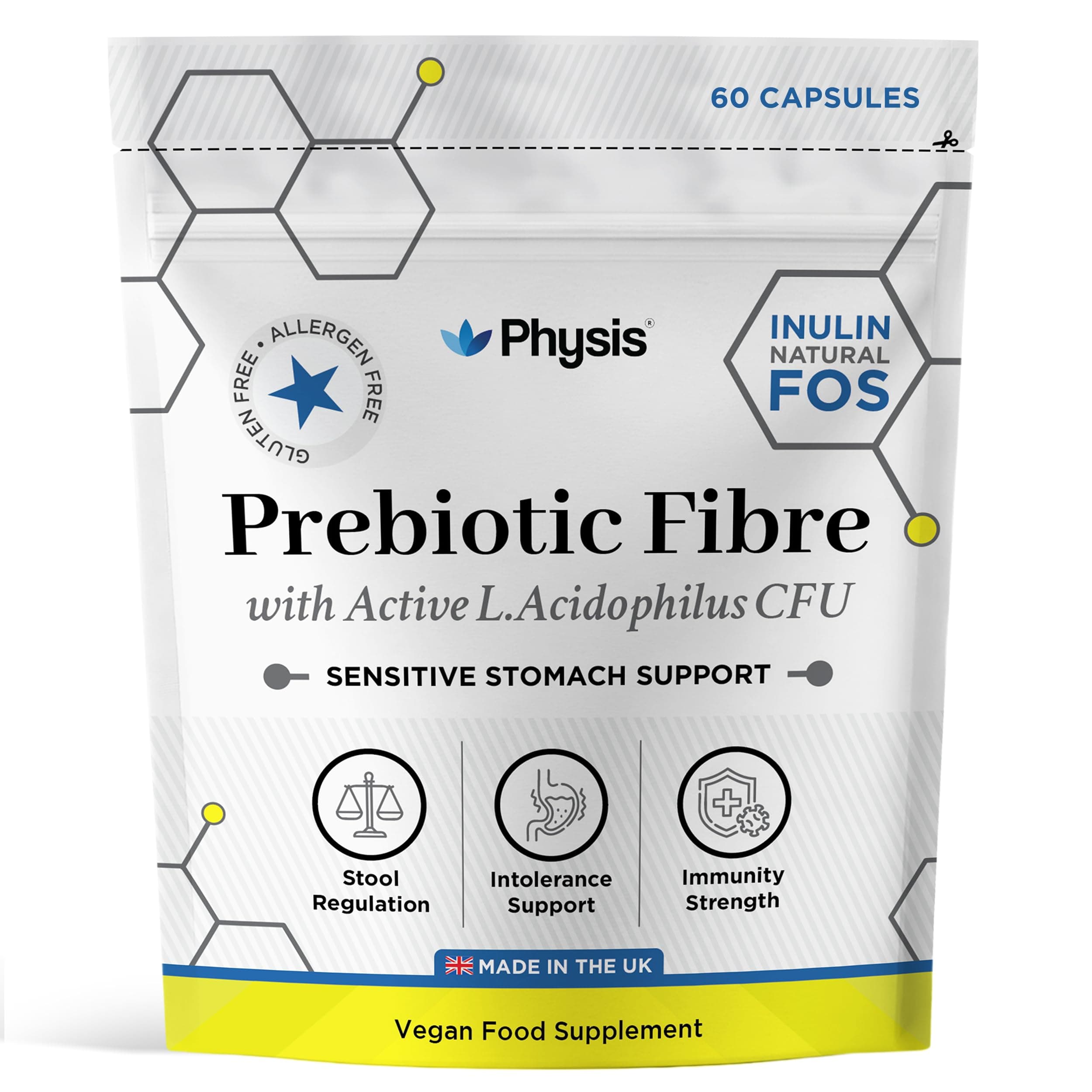 Prebiotics with Probiotics | FOS Fibre Supplement | Gut Health Fiber & Digestion | Diarrhoea & Constipation Relief | 60 Vegan Capsules | 2 Month Supply | Lactobacillus Acidophilus