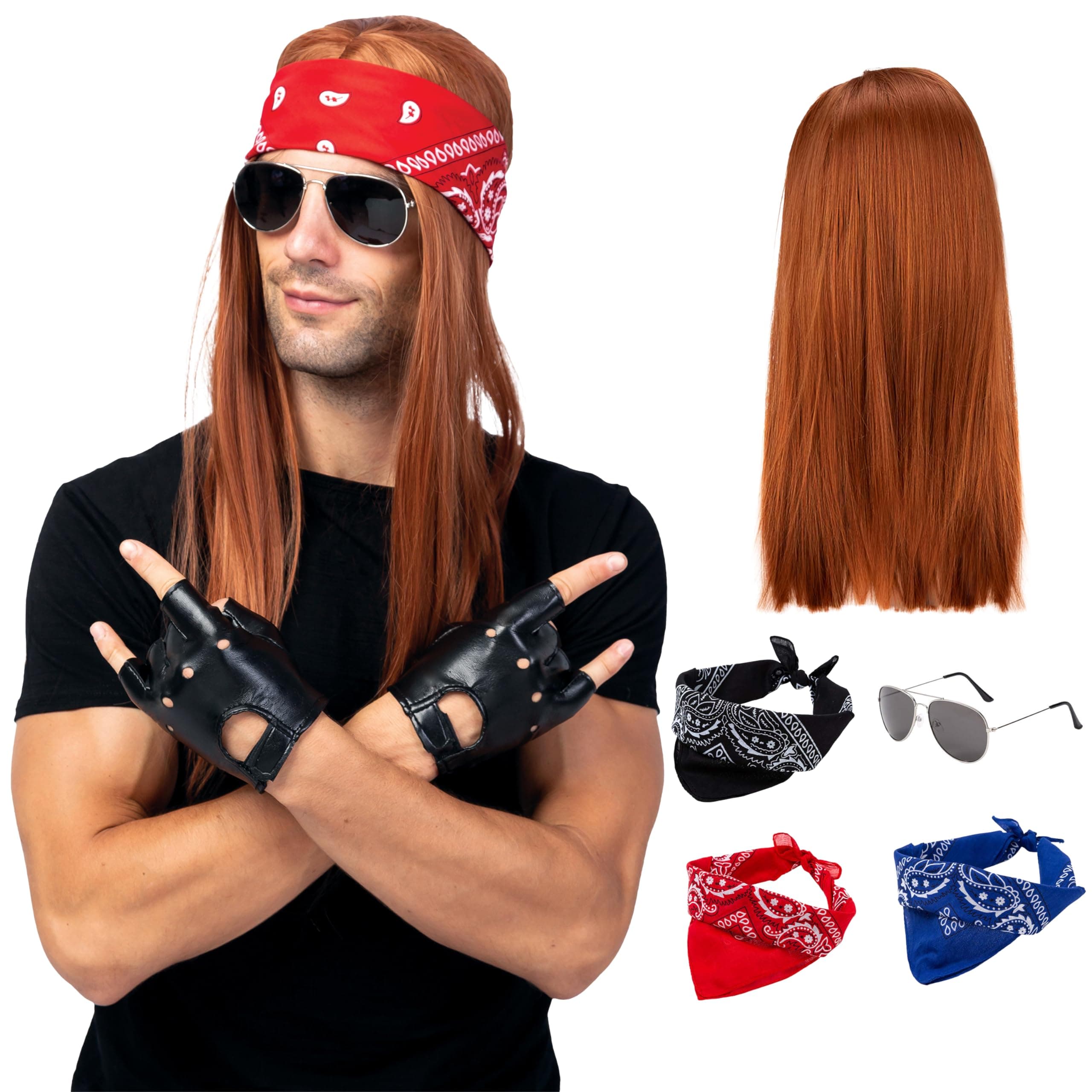 Spooktacular Creations Rockstar Costume 90s Heavy Metal Rocker Costume with Wig, Gloves, Sunglasses and Bandanas Halloween Costumes for Men