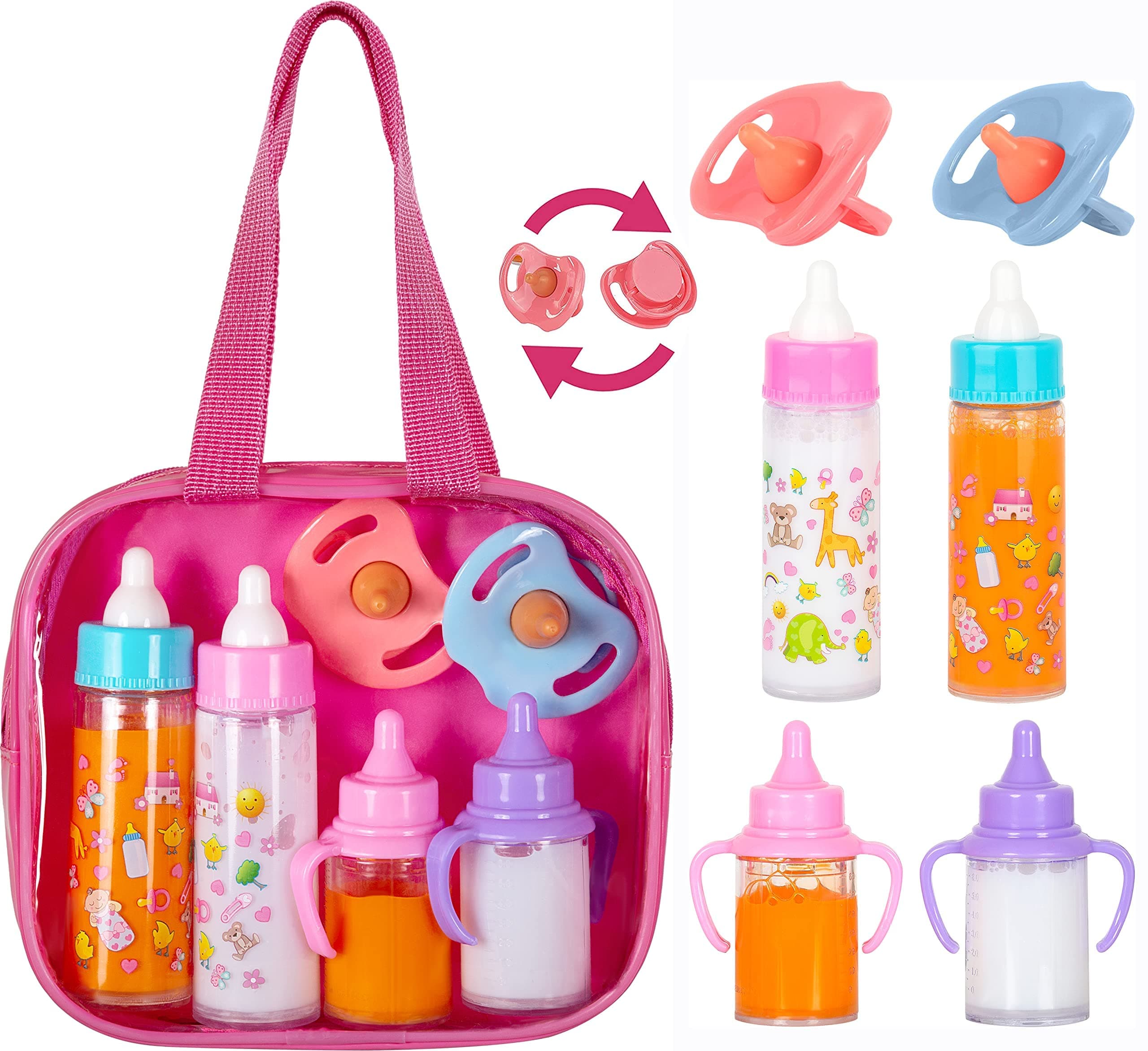 fash n kolor My Sweet Baby Disappearing Doll Playset Feeding Set | Baby Care 4 Piece for Toy Stroller | 2 Milk & Juice Bottles with Toy Pacifier for Baby Doll