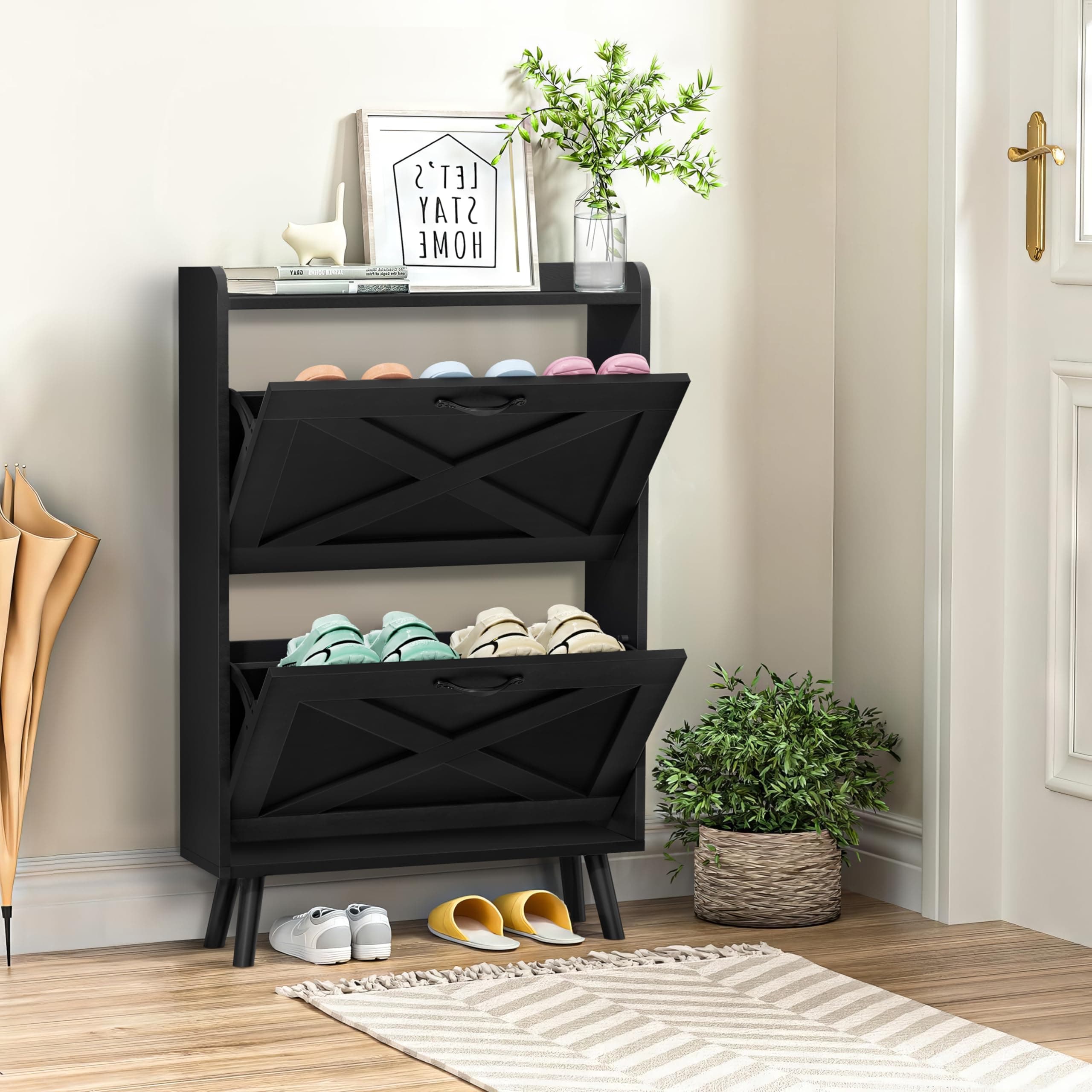 IncbruceShoe Storage Cabinet with 2 Flip Drawers, Freestanding Ultra-Thin Shoe Cabinet with Wooden Legs for Entryway, Hallway, Bedroom (Black - Small)