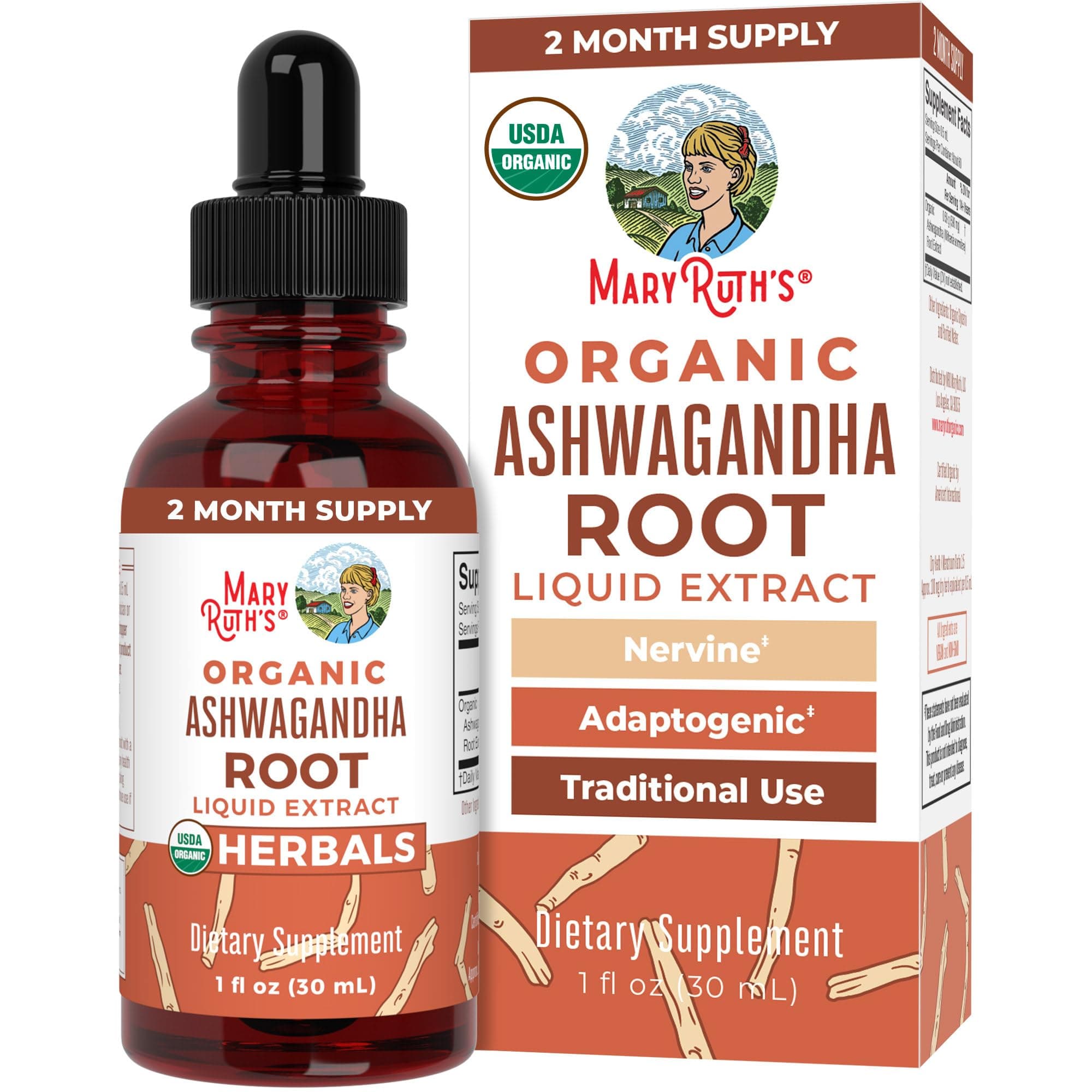 MaryRuth Organics Ashwagandha Root Liquid Drops | USDA Organic | Stress Relief, Calming, Relaxation, Mood Support | Adaptogenic, Nervine | Vegan | Non-GMO | 60 Servings