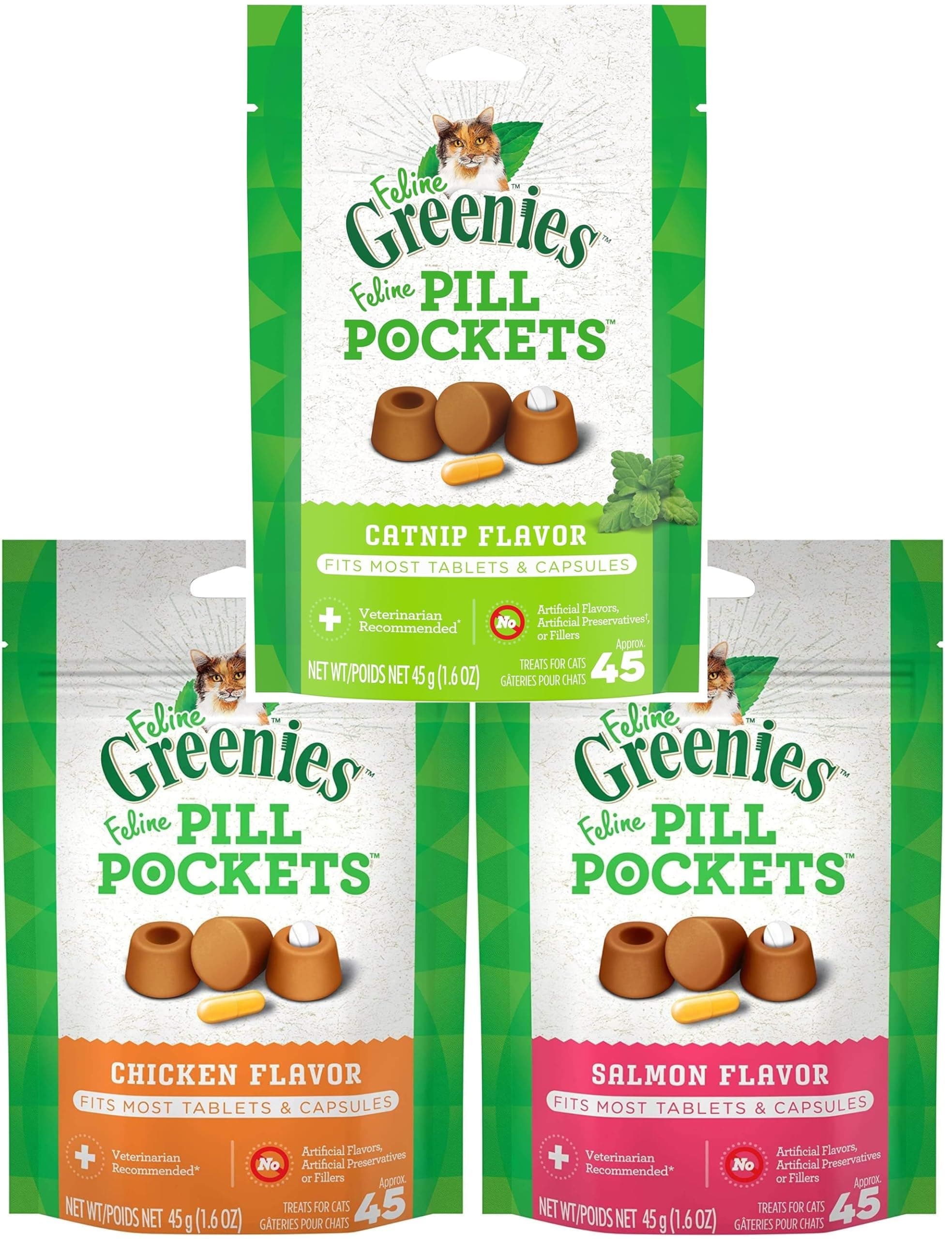 Pet Faves (3 Flavors) Feline Pill Pockets for Cats Natural Soft Cat Treats, Chicken, Salmon, and Catnip Flavor, 1.6 oz. Pack (45 Treats Each)