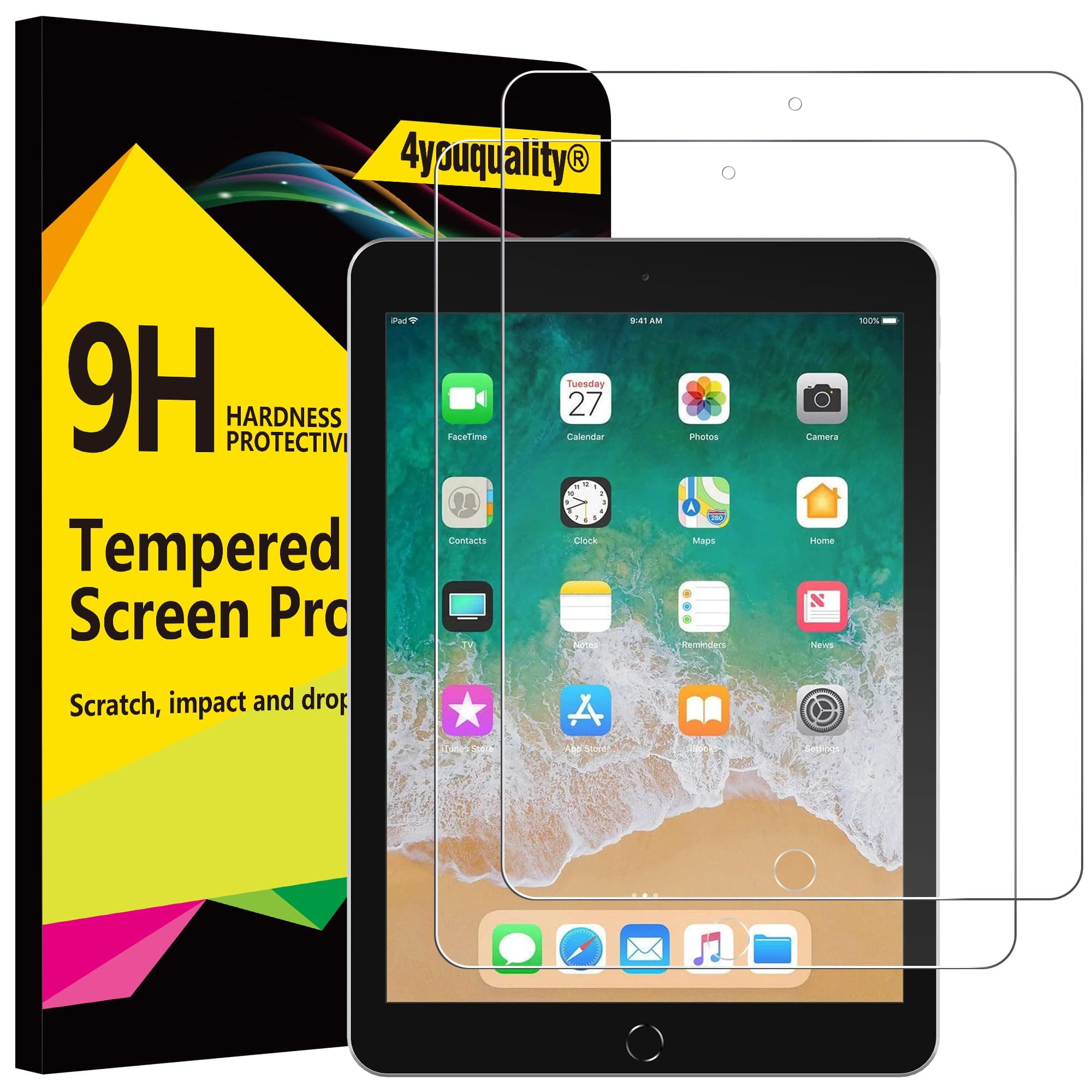 2-Pack Screen Protector for iPad 9.7-Inch (6th/5th Generation, 2018/2017 Model), iPad Air 1/Air 2, iPad Pro 9.7-Inch, Tempered Glass Film, Anti-Scratch, Impact-Resistant