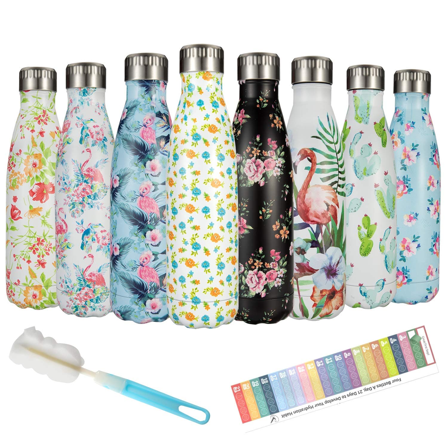 Insulated Water Bottle Stainless Steel 500ml - 24 Hrs Cooling & 12 Hrs Keep Warm, BEI & HONG Double Walled Vacuum Flask Drinks Bottle, BPA Free, with Cleaning Brush and Motivational Stickers