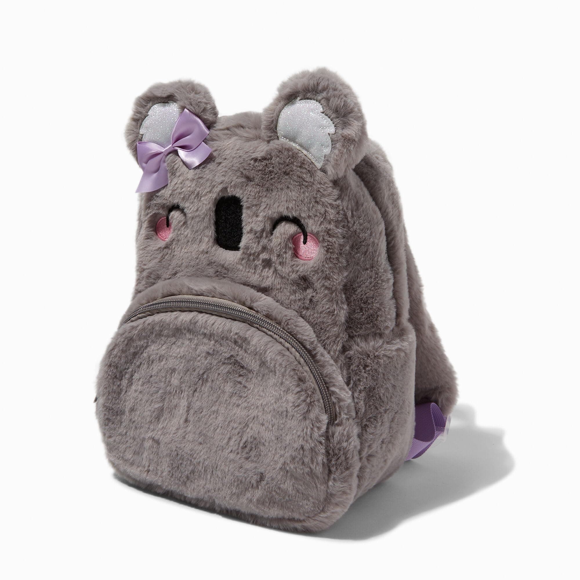 Claire's Club Furry Koala Backpack (10W x 14H x 5D inches), Toddler School Bag, Accessory for Little Girls Age 3-8, Cute Grey Furry Koala Bag with Purple Bow