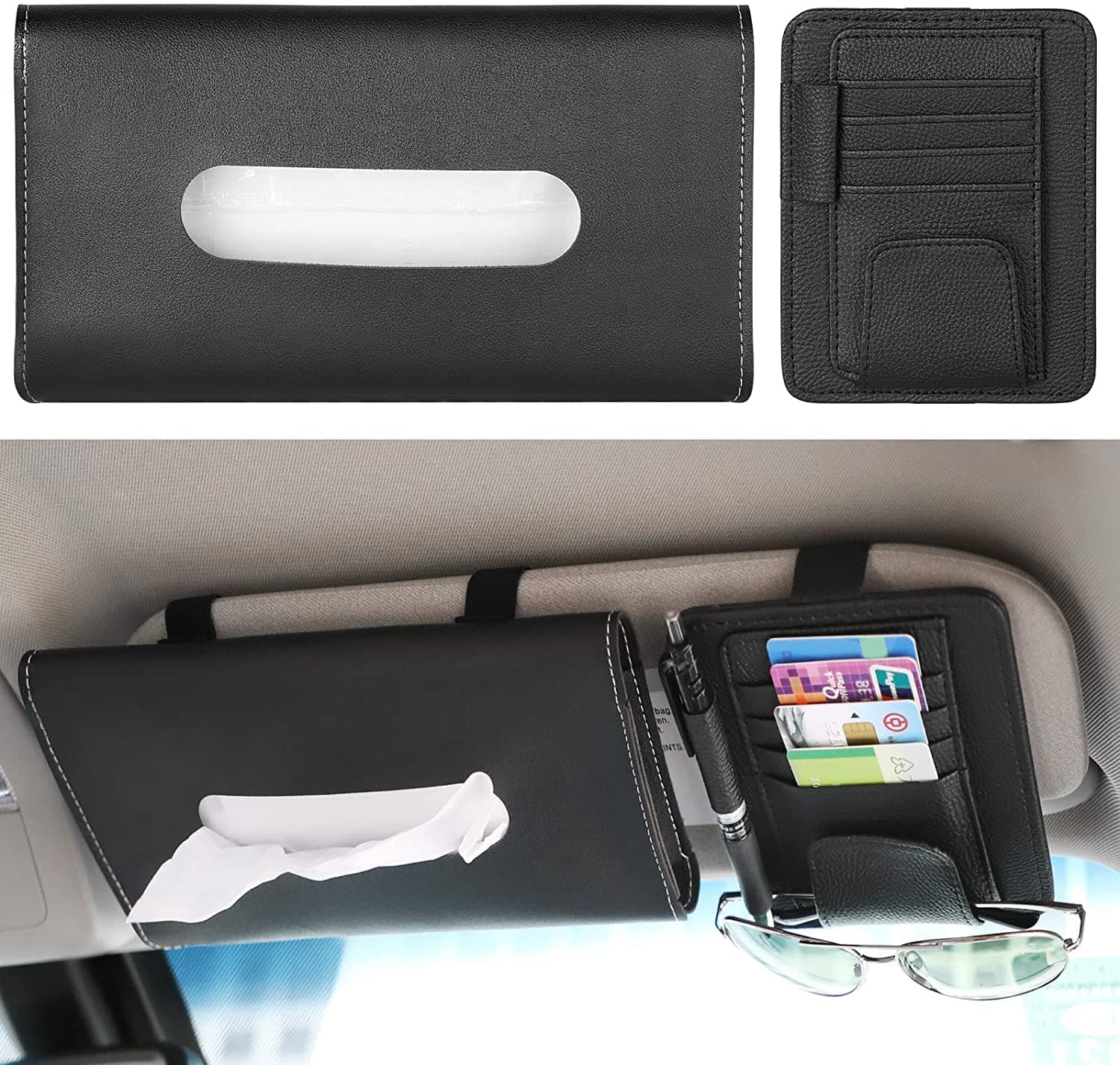 Car Tissue Holder Organizer (Black) – Compact PU Leather Tissue Box Holder for Car Sun Visor, Seatback or Dashboard – Car Accessories Interior Tissue Box Case