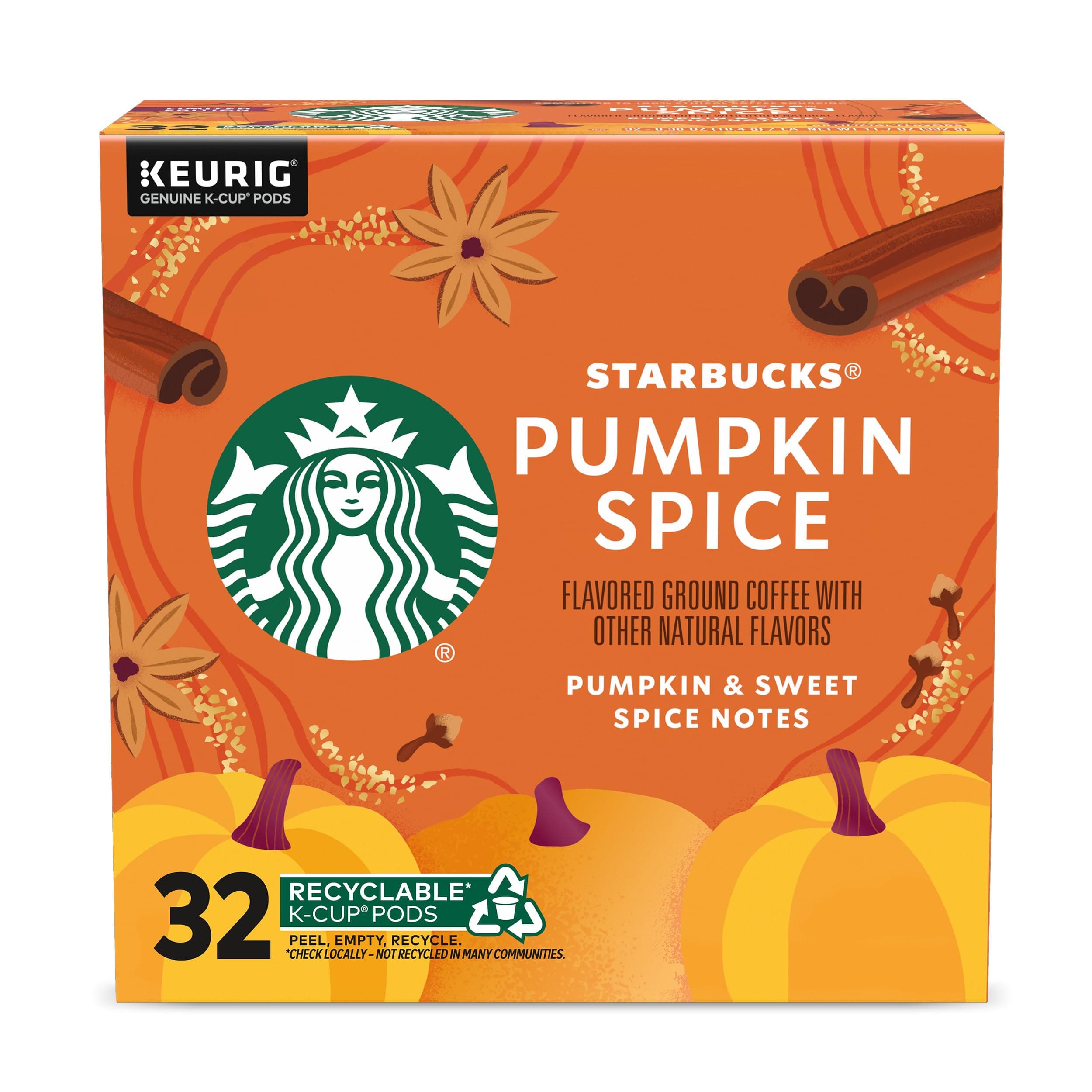 Starbucks K-Cup Coffee Pods, Pumpkin Spice Naturally Flavored Coffee for Keurig Brewers, 100% Arabica, Limited Edition, 1 Box (32