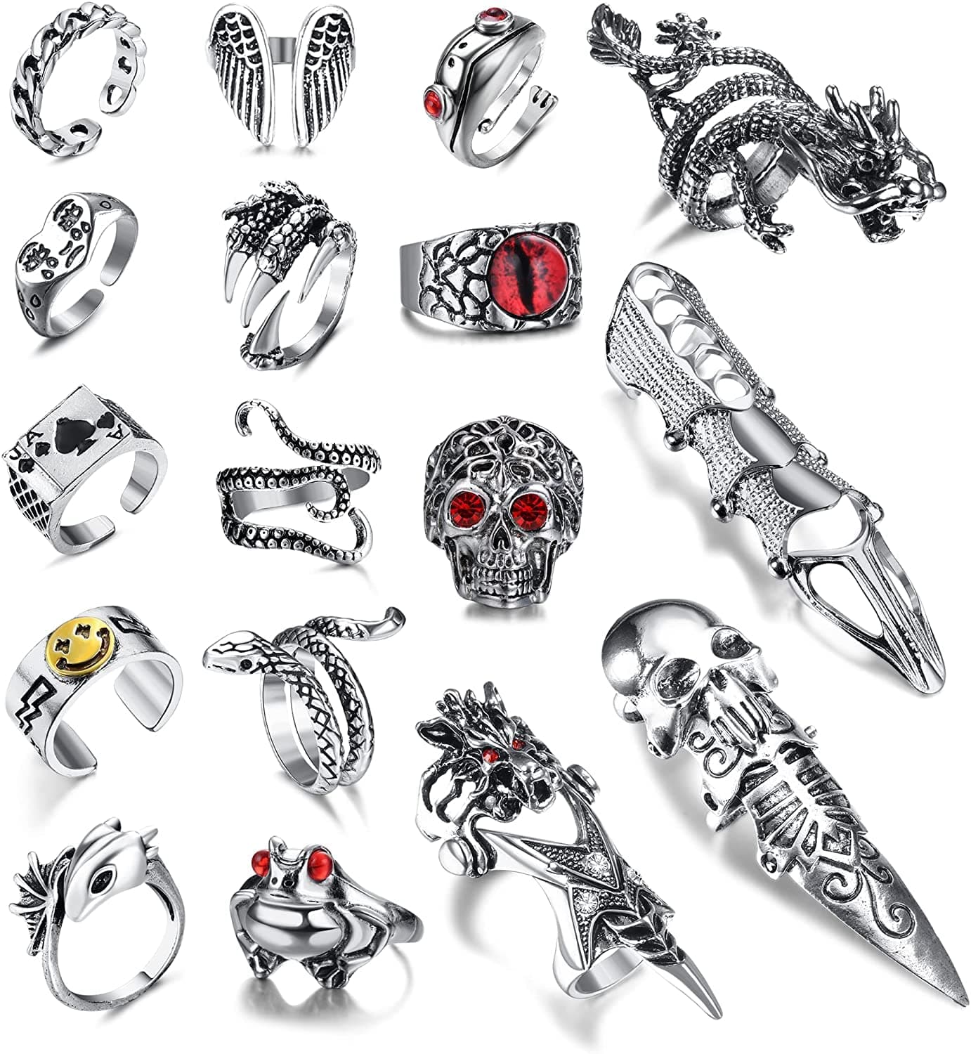 Vintage Punk Ring Gothic Open Rings Set for Men Women, Snake Men, Boho Rings, Stackable Frog Bat Spider Dragon Snake Adjustable Cool Rings(16-17Pcs) (MLU-H-R00231-style2)