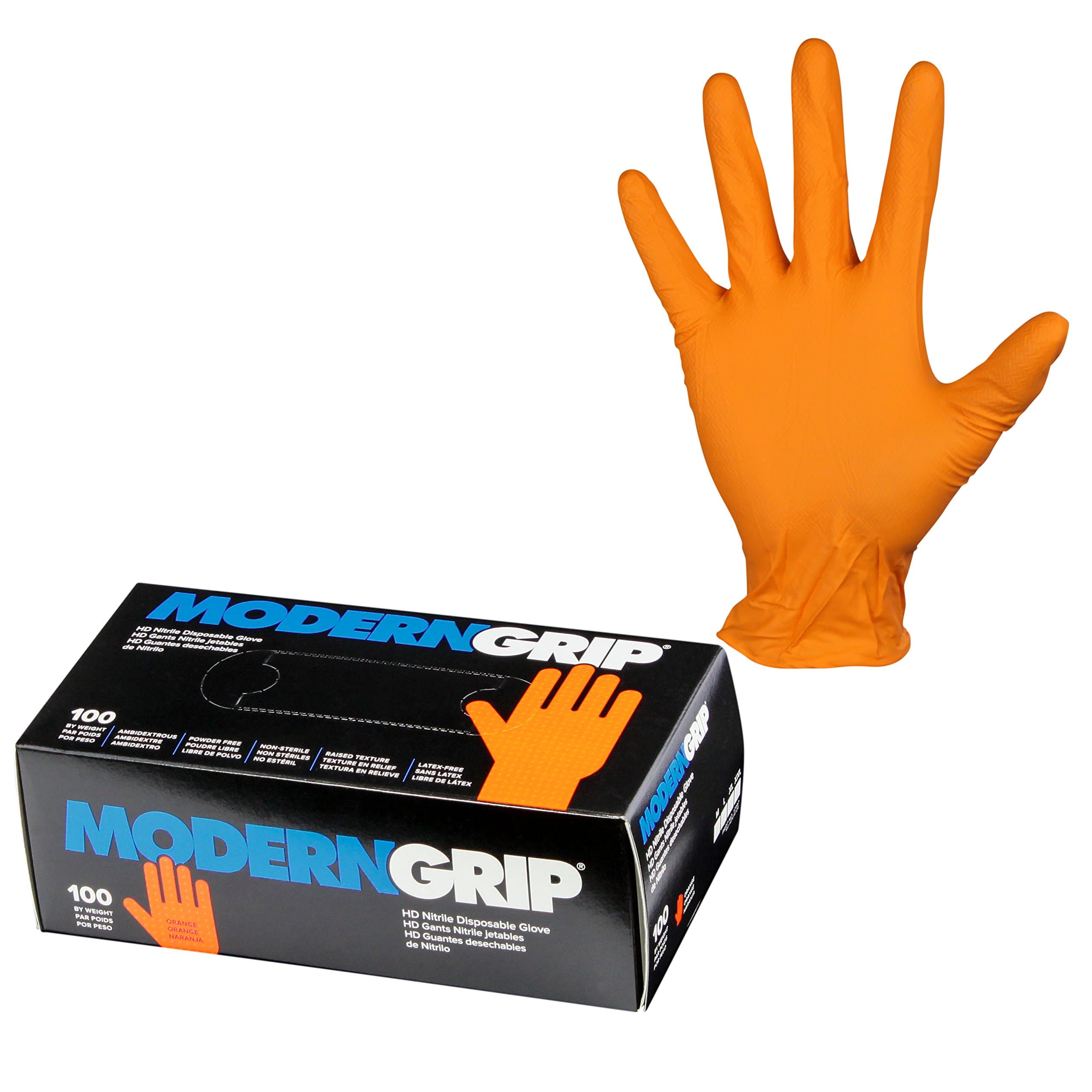 Modern Grip 17197-L Nitrile 7 mil Thickness Premium Disposable Gloves – Industrial and Household, Powder Free, Latex Free, Raised Textured for Superior Grip - Orange - Large (100 count)