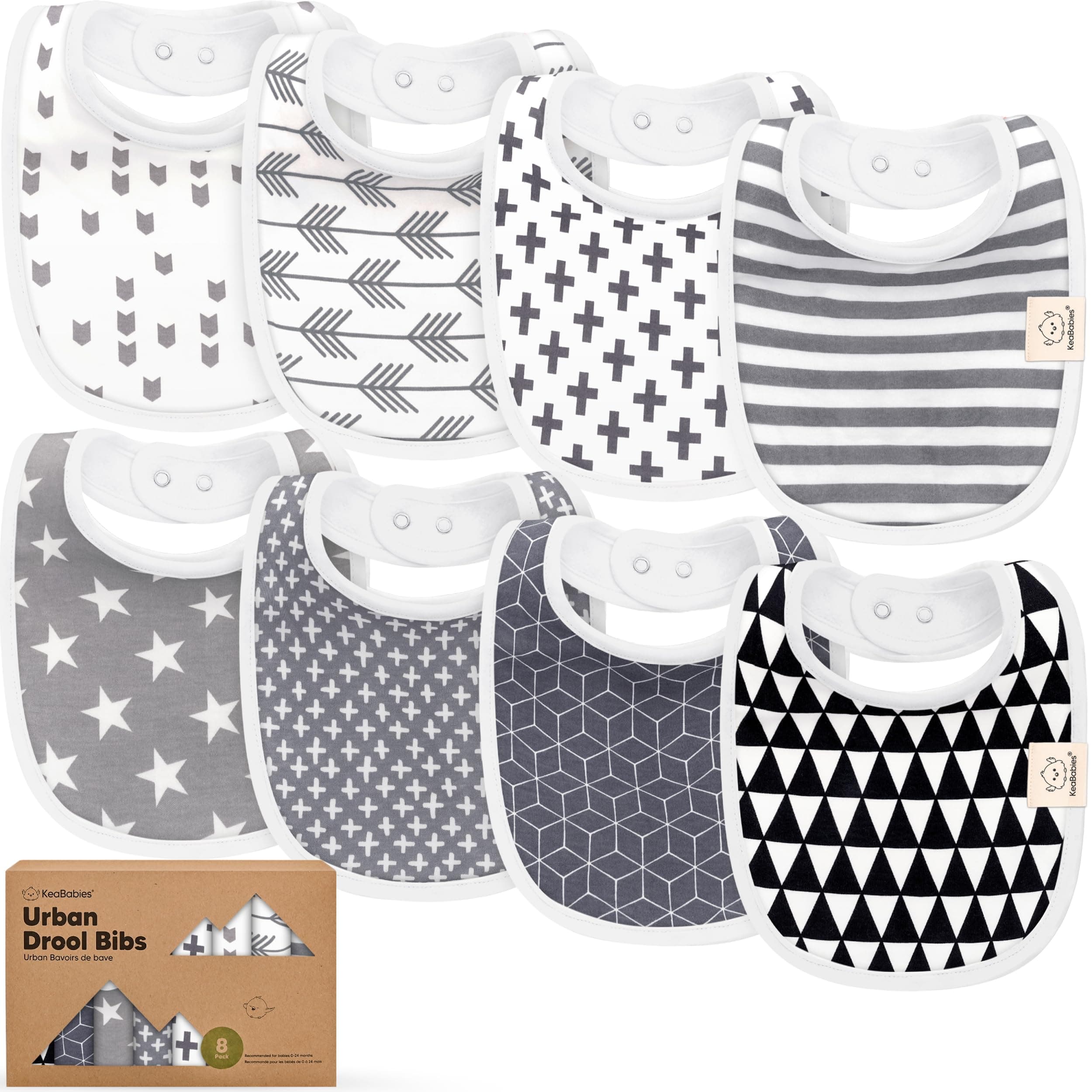 KeaBabies 8-Pack Organic Baby Bibs for Girls & Boys - Teething Baby Bibs for Boy, Girl - Newborn Bibs for Baby Girl, Boy (Grayscale)