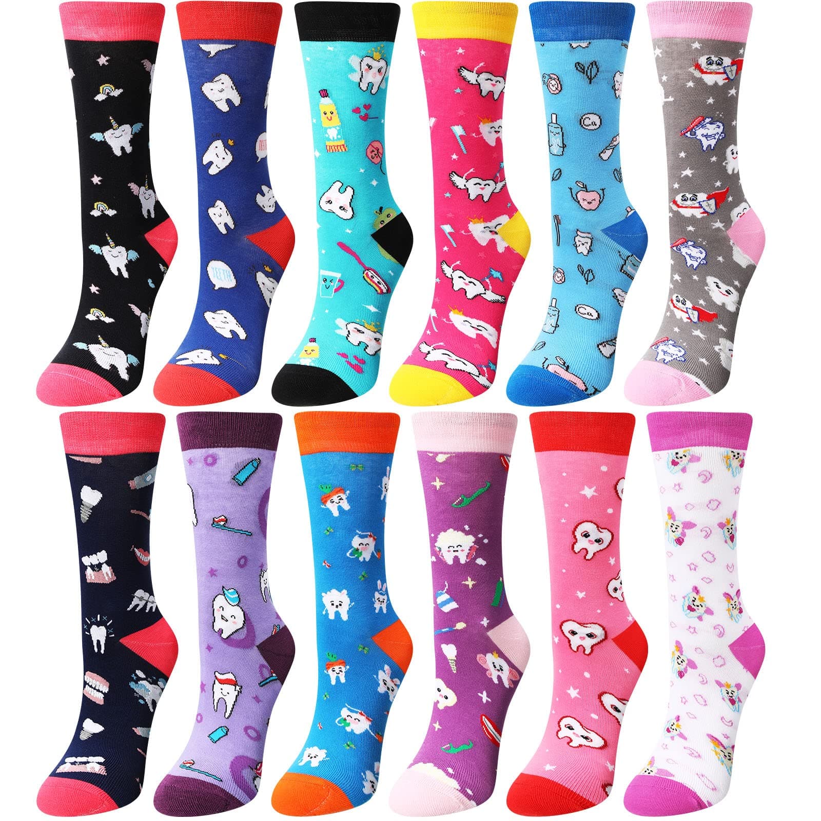 12 Pairs Funny Dental Teeth Socks Novelty Crew Socks for Men Women Dental Assistant Nurse Winter Christmas Stocking Stuffers Gifts Teeth Pattern Crew Dentist Gifts