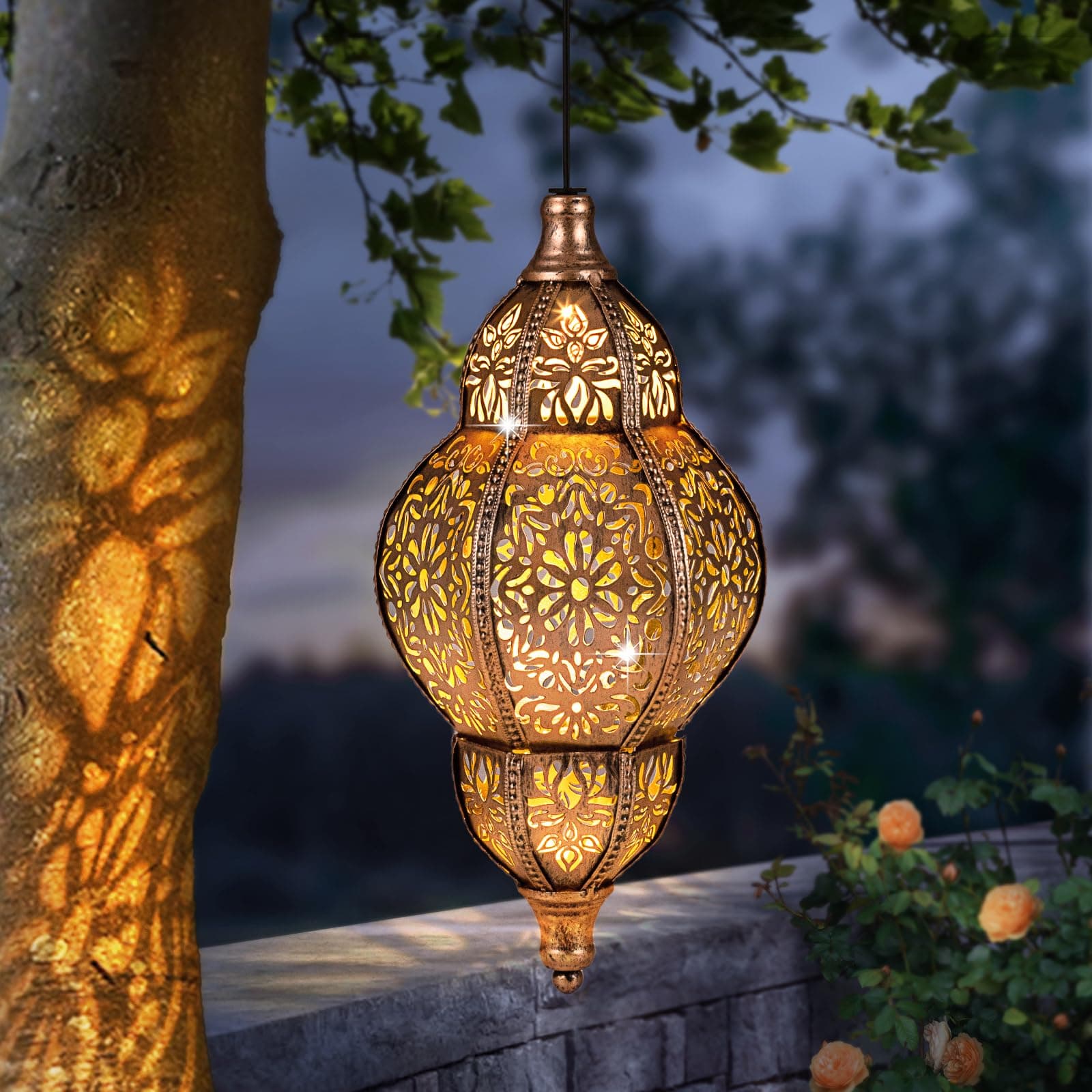 Hanging Solar Lantern Outdoor Decor, Moroccan Solar Lights for Outside Garden Decorations, Waterproof Lanterns Garden Gifts for Mom, Women, Patio, Yard Ornament