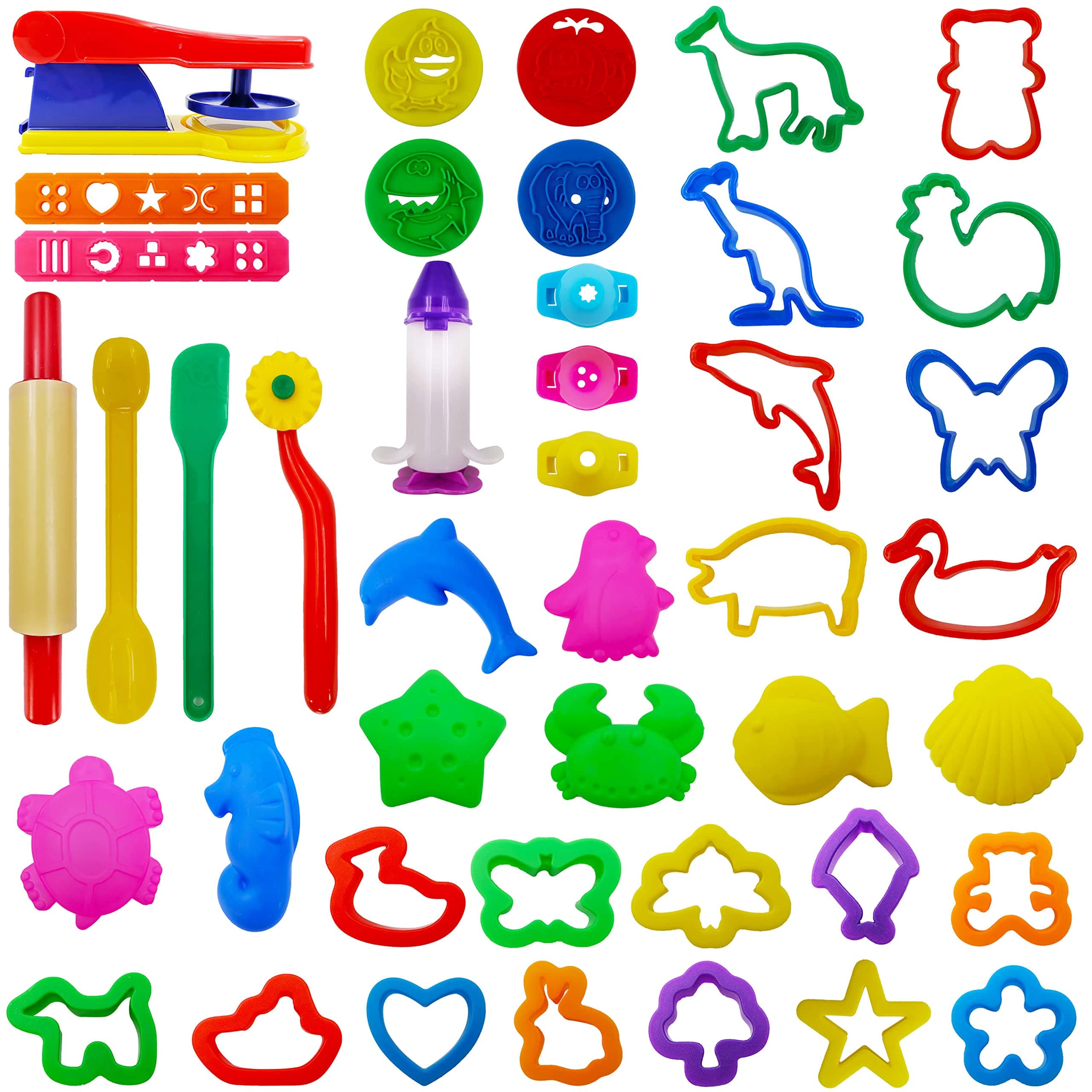 FRIMOONY Plastic Play Dough Tools for Kids, Various Animal Molds, Extruders, Rolling Pins, for Creative Dough Cutting, 45 PCS