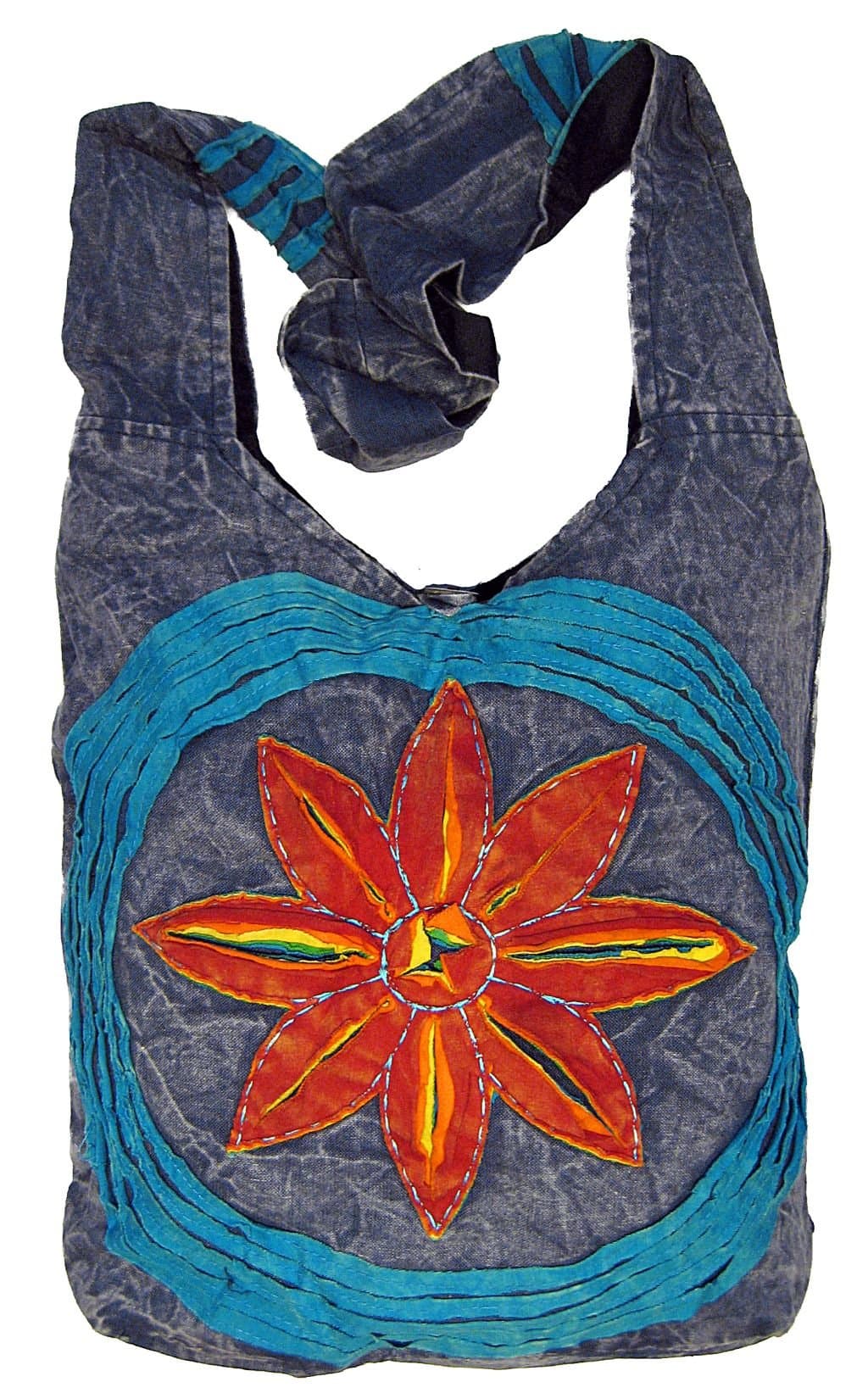 Star Flower Cotton Stonewashed Sling Crossbody Bohemian Hobo Handbag in Denim