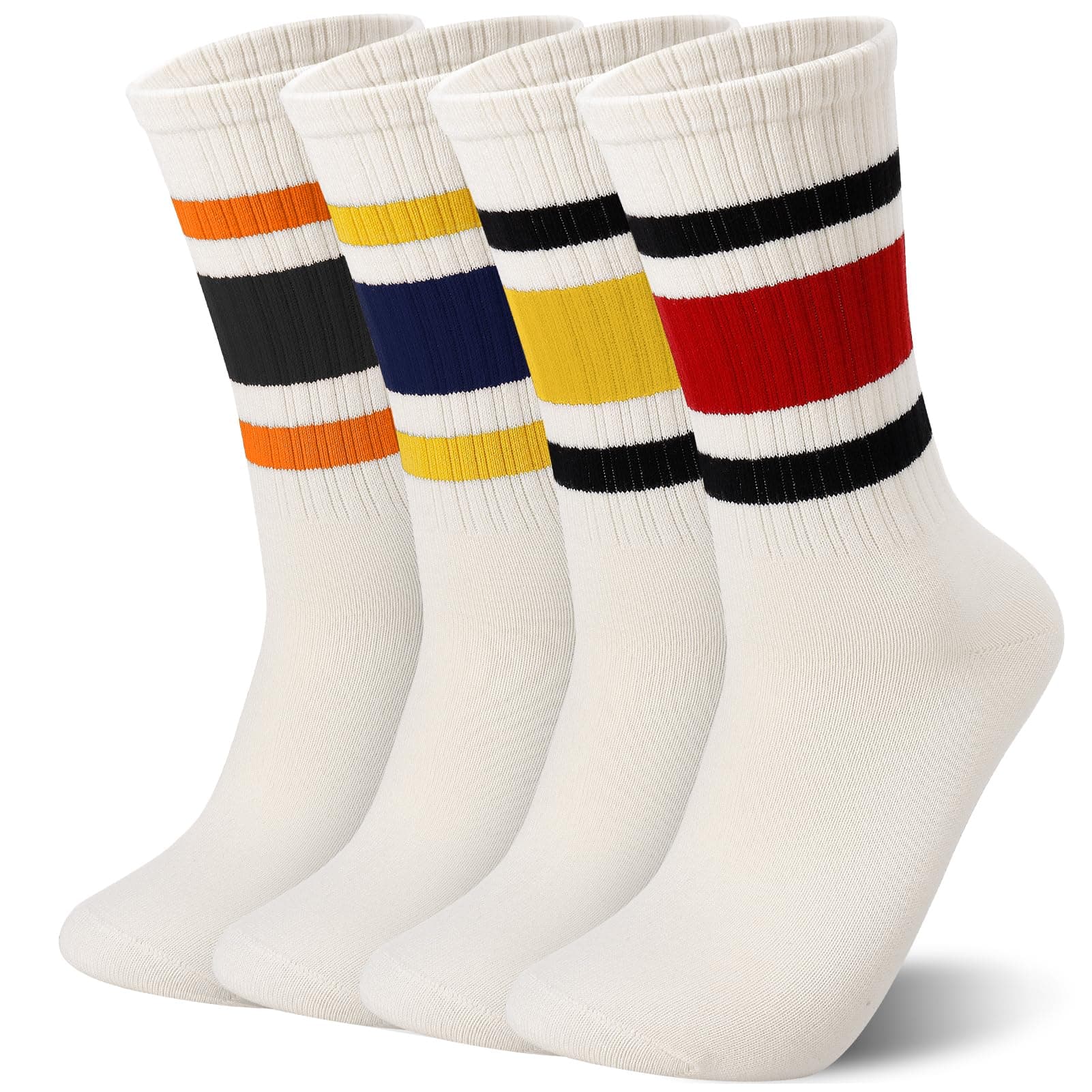 Zuimei4 Pairs Striped Crew Socks Crew Sport Socks Women Retro Casual Cotton Stretchy Socks Multicoloured Socks Womens