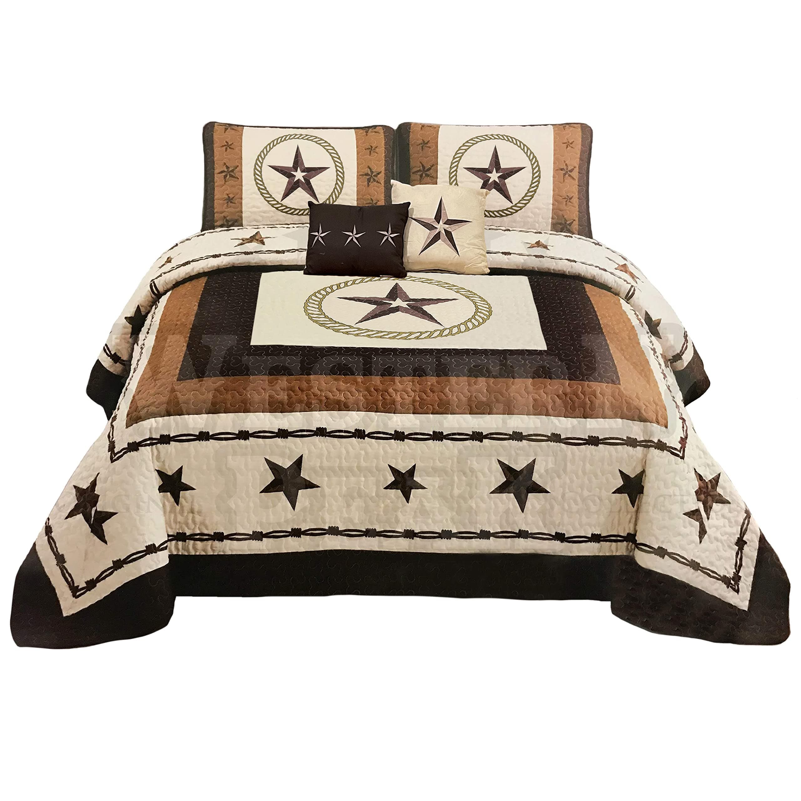 Western Peak 5 Pc Western Texas Cross Lodge Barbed Wire Quilt Bedspread Shams Pillow Oversize Comforter (Beige Star Gun, Queen)