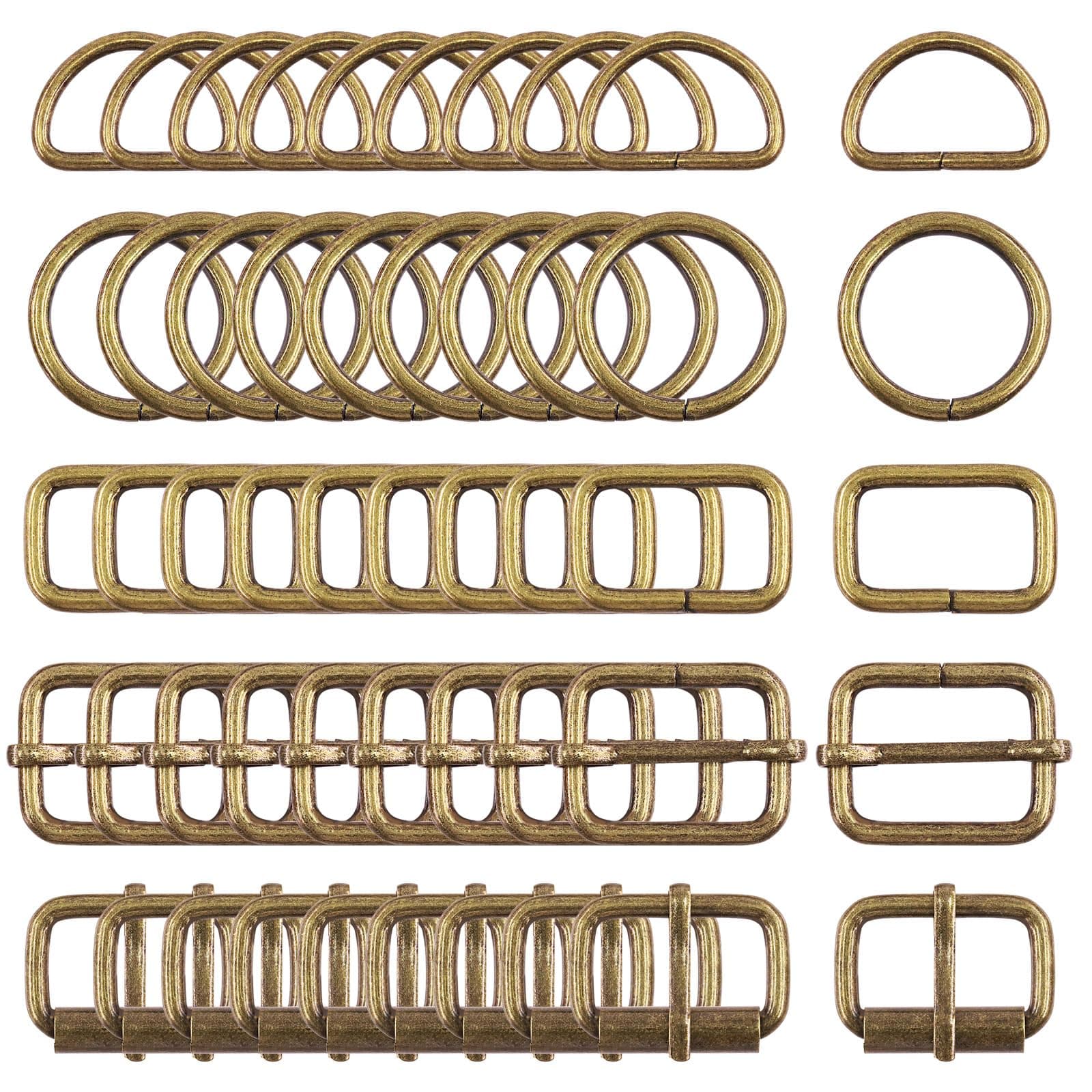 Swpeet 50Pcs 5 Style Metal Buckles, Metal Roller Buckles, Metal Adjustable Slide Buckles, D Ring, Circular Ring, Square Ring