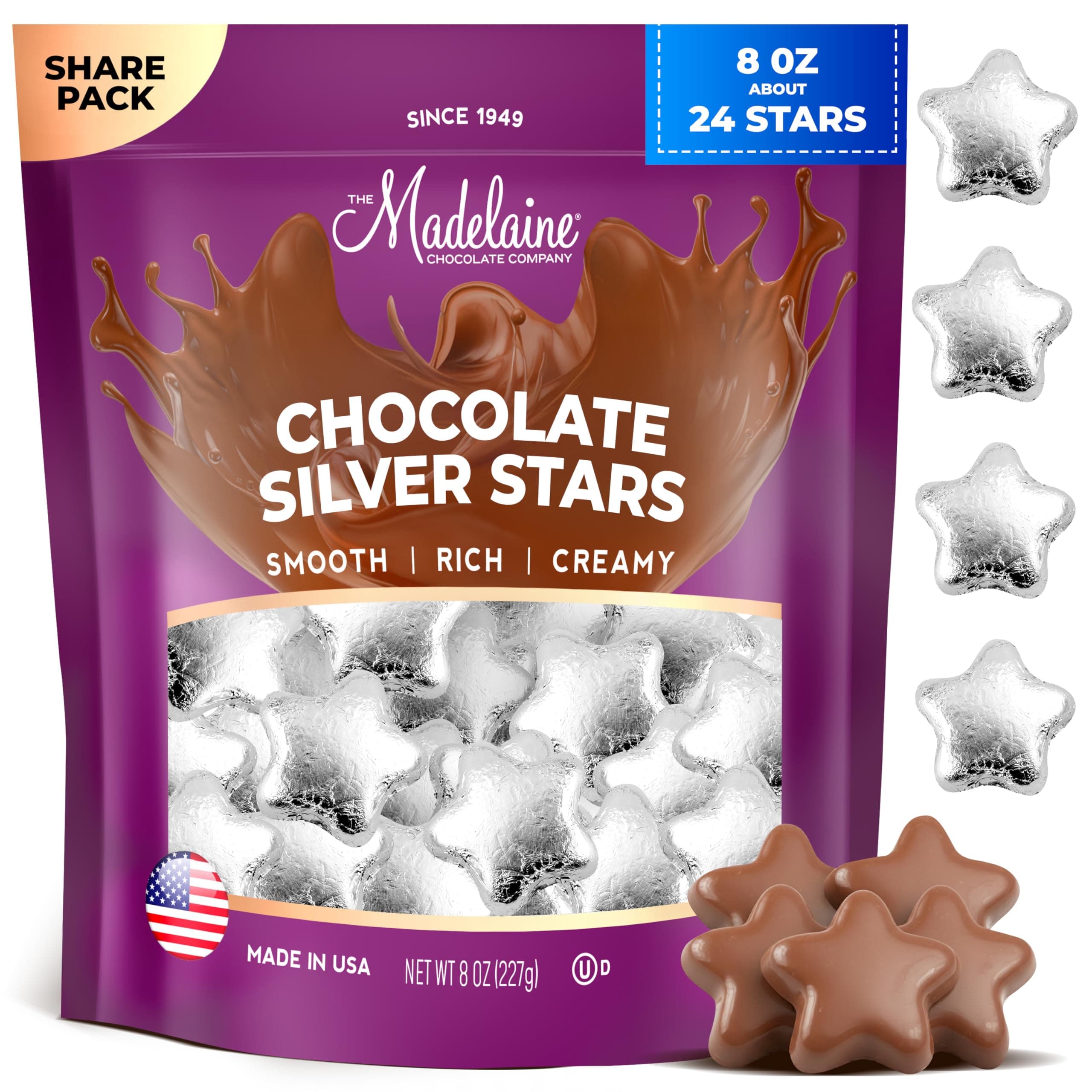 Madelaine Chocolate Silver Stars - Easter Candy Party Favors - 24 Milk Chocolate Candy Individually Wrapped In Silver Foil for Party Decorations 8 Oz Bag