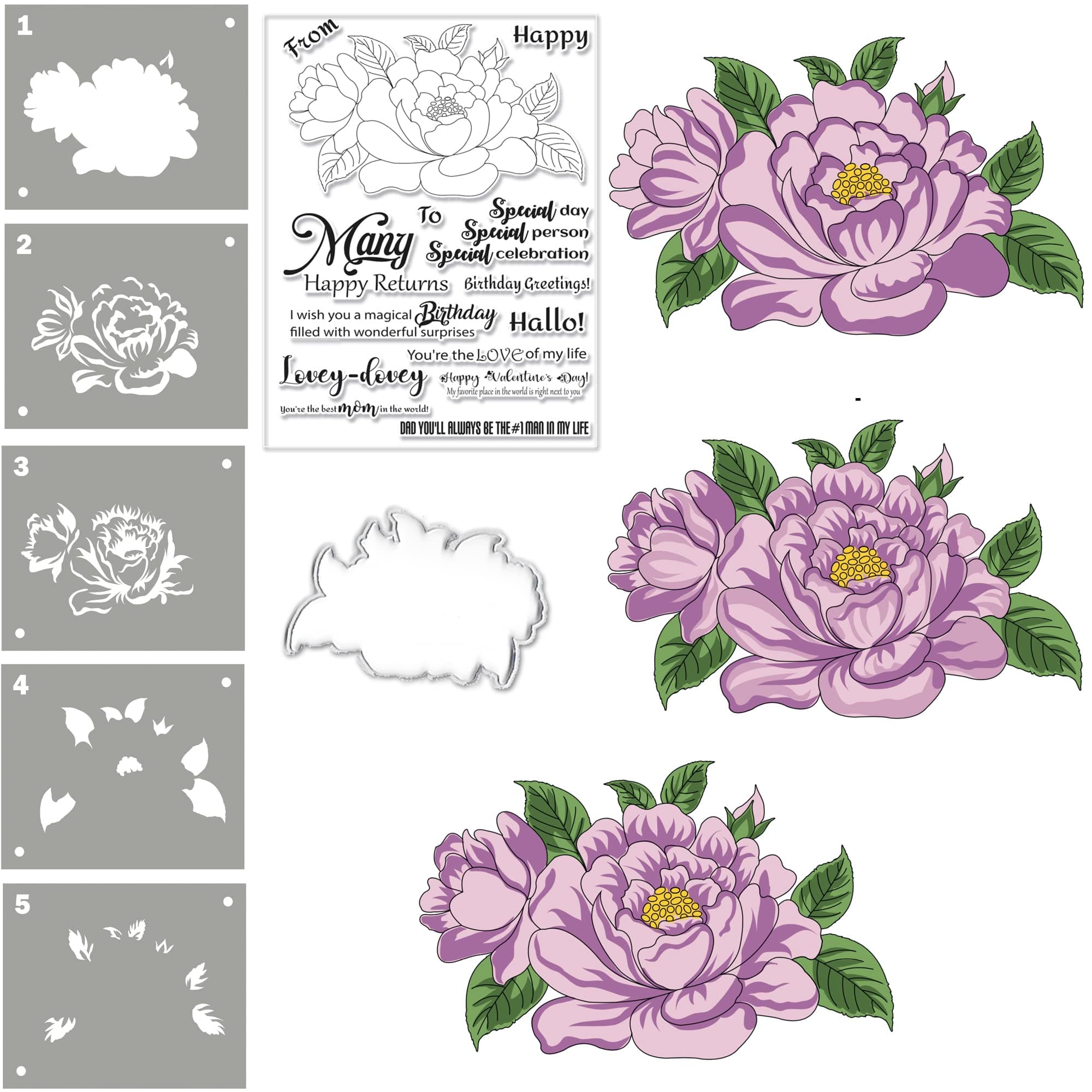 Alinacutle Peony Flower Stamps Die Cut Stencils Clear Stamps Set Layering Stencil Metal Cutting Die for Handmade Card Making Scrapbooking Album Paper Craft Template